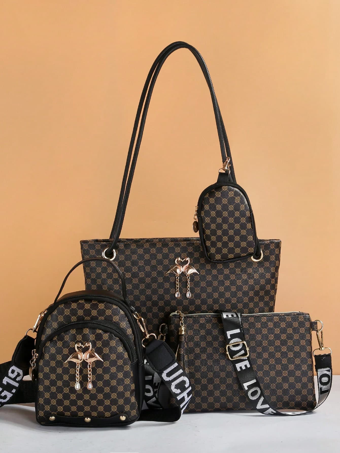Women's Fashion Polka Dot Pattern Casual Buckle Zipper Adjustable Strap Tote Crossbody Mini Handbag Set , Polka Dot
