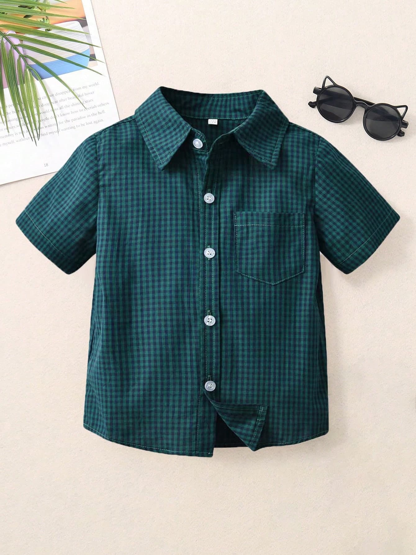 Young Boy Gingham Print Short Sleeve Shirt
