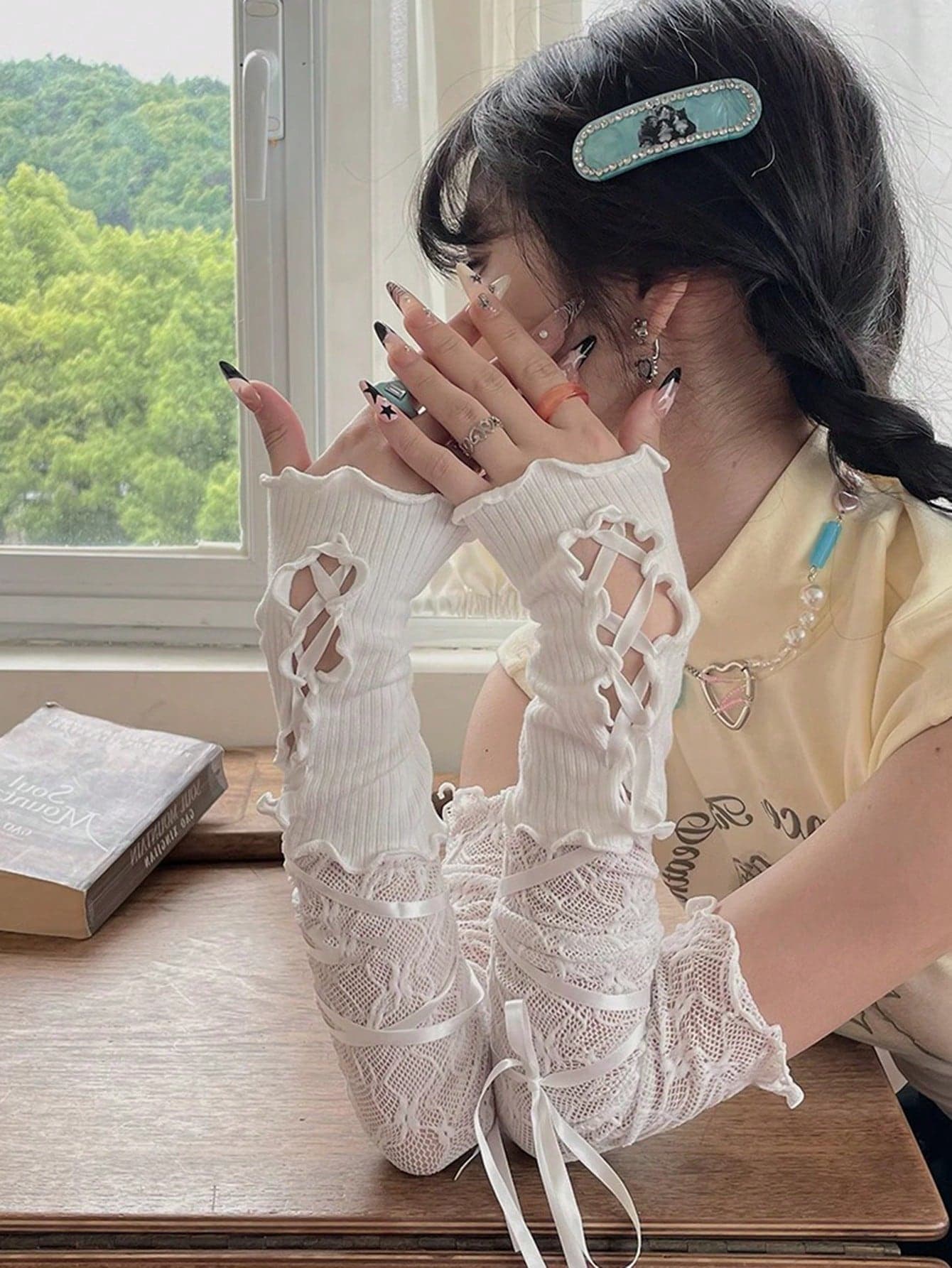 1pair Y2k Ballet Style Sexy Lace Diy Tie-Up Sun Protection Sleeves Jk Arm Warmers Elegant Halloweeny2k Valentine's Day Summer