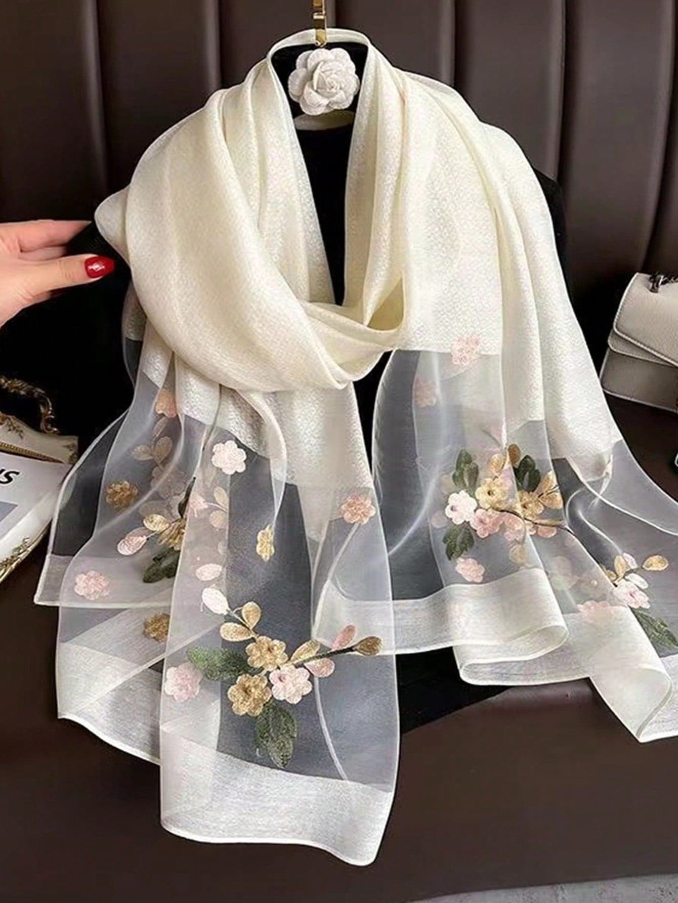 1pc New Floral Embroidery Beaded Thin Scarf For Women Elegant Shawl For, Beach Cover-Up Boho, Holiday, Travel Essential
