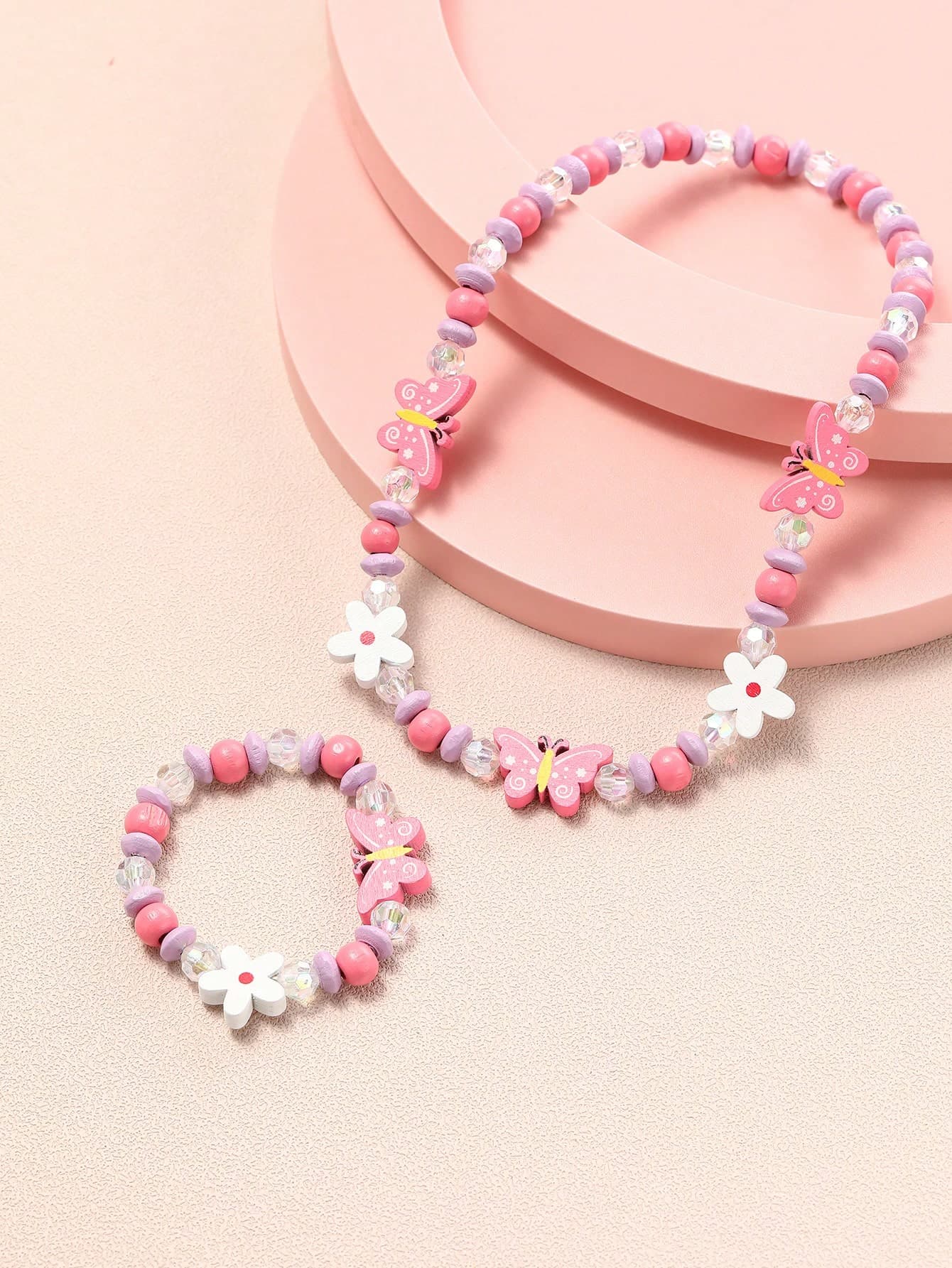 2Pcs Children Girls Wooden Pink Butterfly Charm Necklace With Bracelet Set For Little Princess Daily Wear Party Kids Gifts
