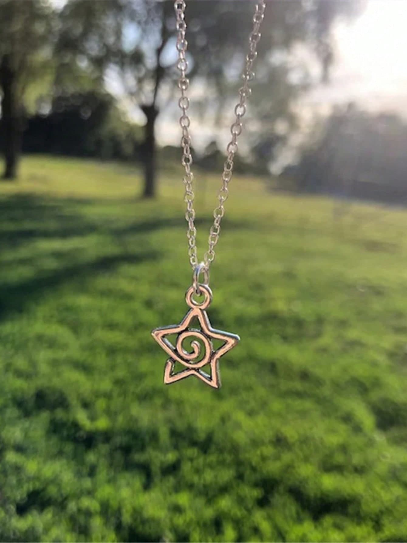 1pc Y2k Silver Spiral & Star Pendant Necklace, Suitable For Women, Aesthetic Jewelry Gift