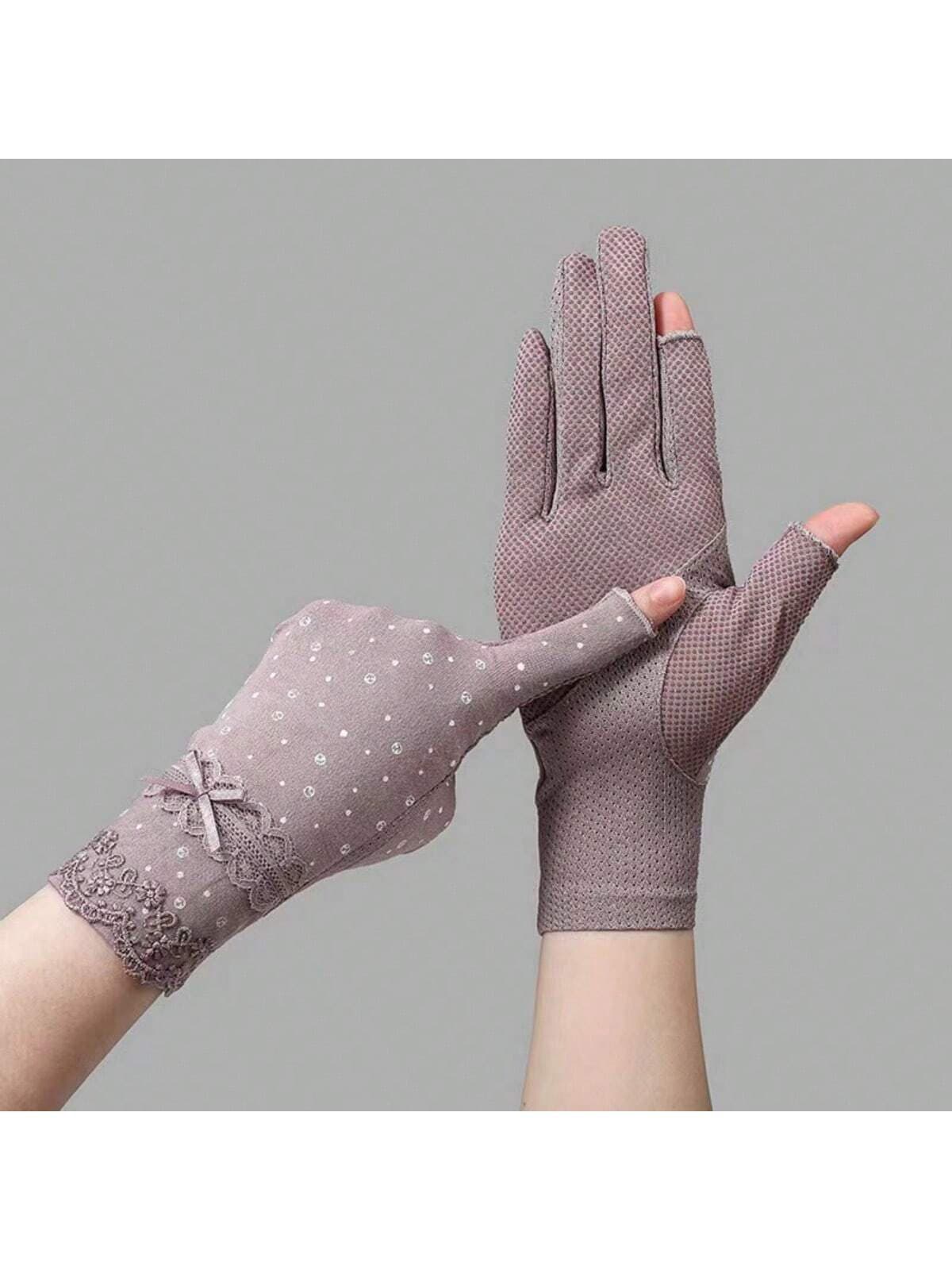 1 Pair Women's Short Lace Sun Protection Gloves With 2 Exposed Fingers For Spring/Summer/Autumn,Riding/Driving/Hiking/Running Gloves With Touch Sensor