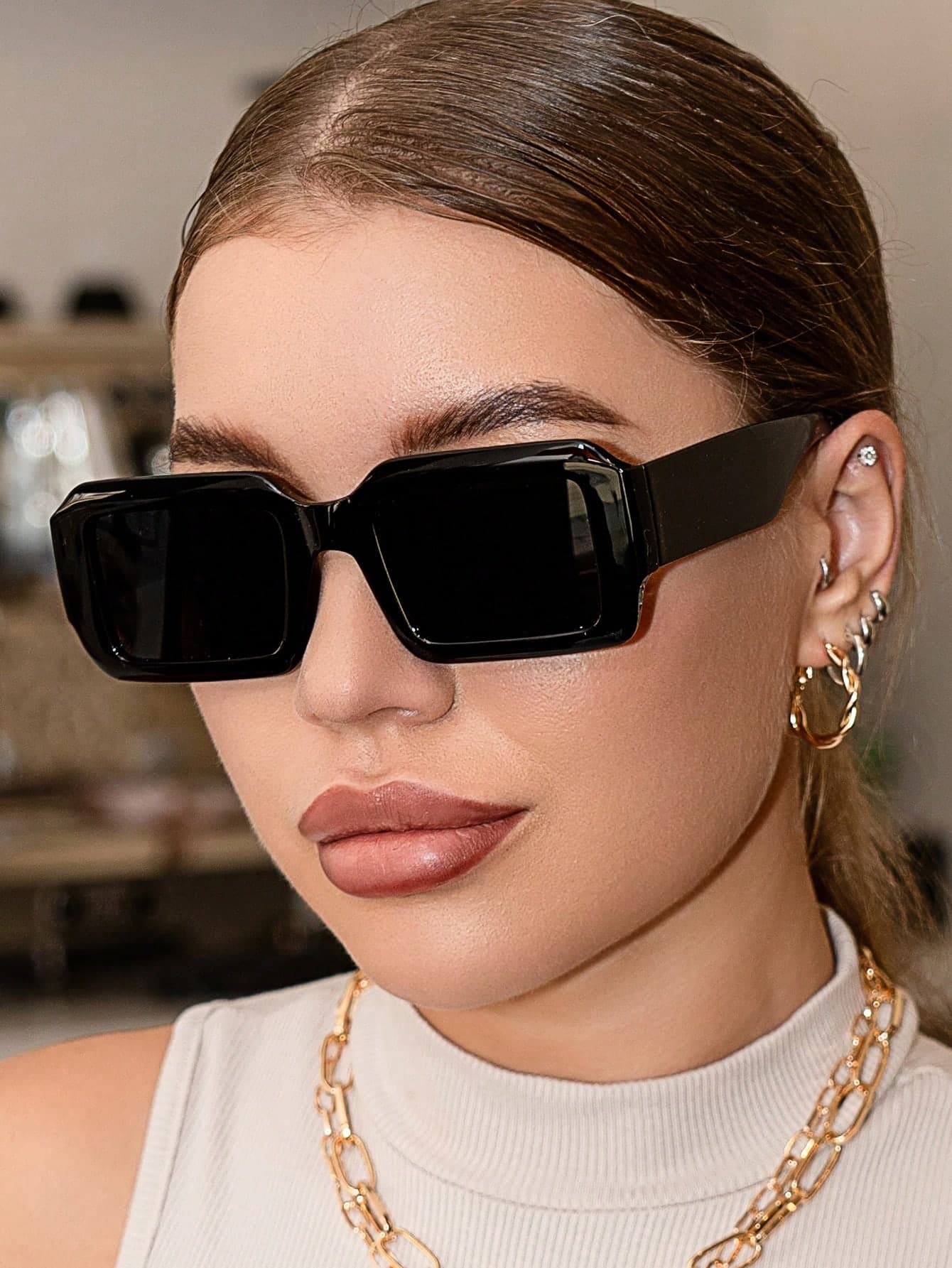 Retro Rectangular Plastic Fashion Sunglasses, Classic Design For Outdoor Travel Beach Casual Wear, UV Protection Driving Glasses Fashionable Shade Elegant Outfit Family Outings Travel Vacation Holiday For Summer Beach Vacation,Outdoor,Travel