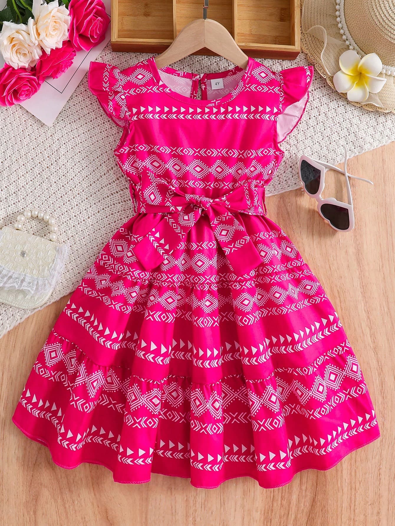 Young Girl Casual Geometric Pattern Flutter Sleeve Holiday Dress