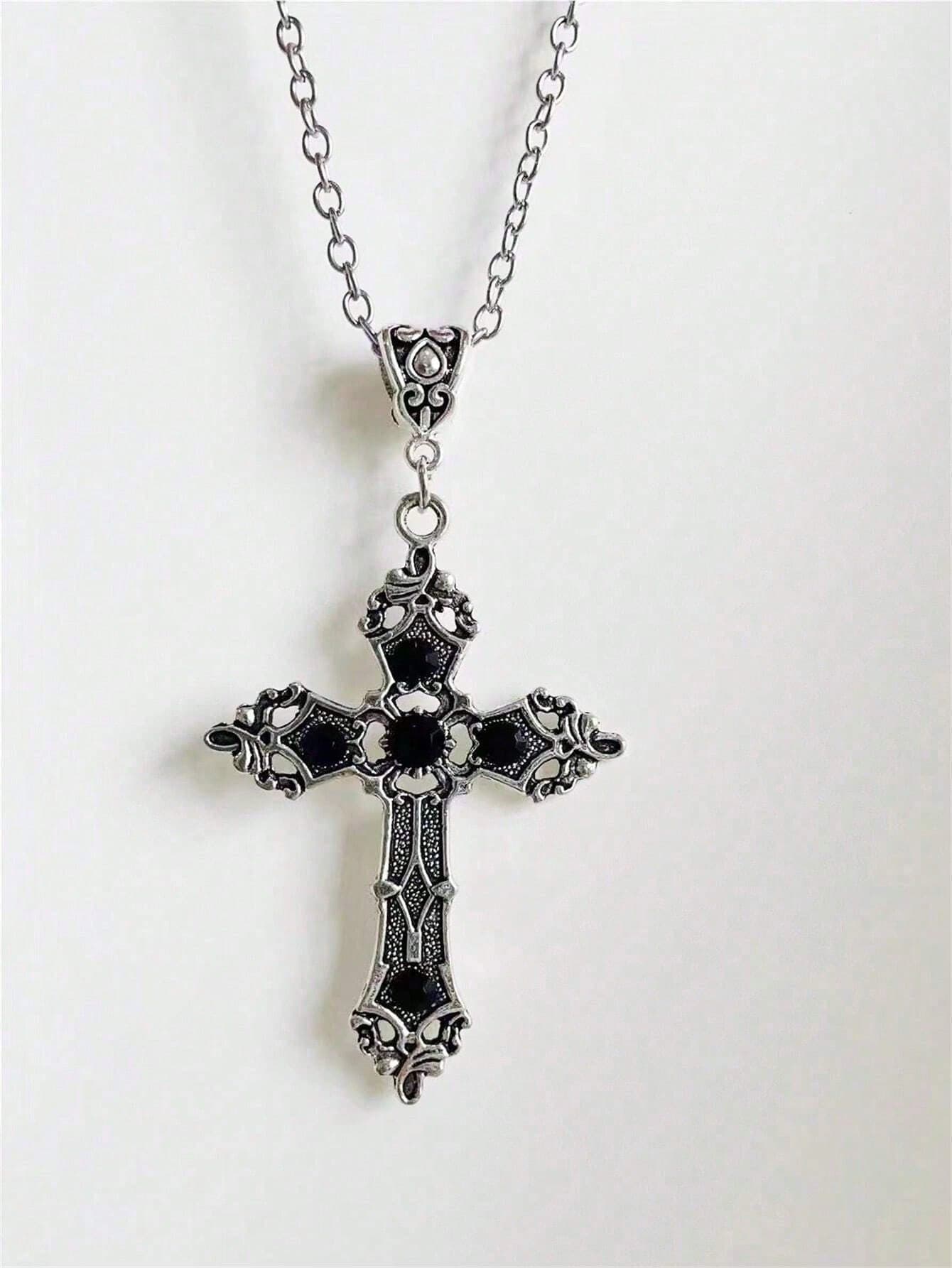 Fashionable And Simple Dark Gothic Style Cross Pendant Necklace With Rhinestones - Punk Gothic Women Y2K And Ins Necklace