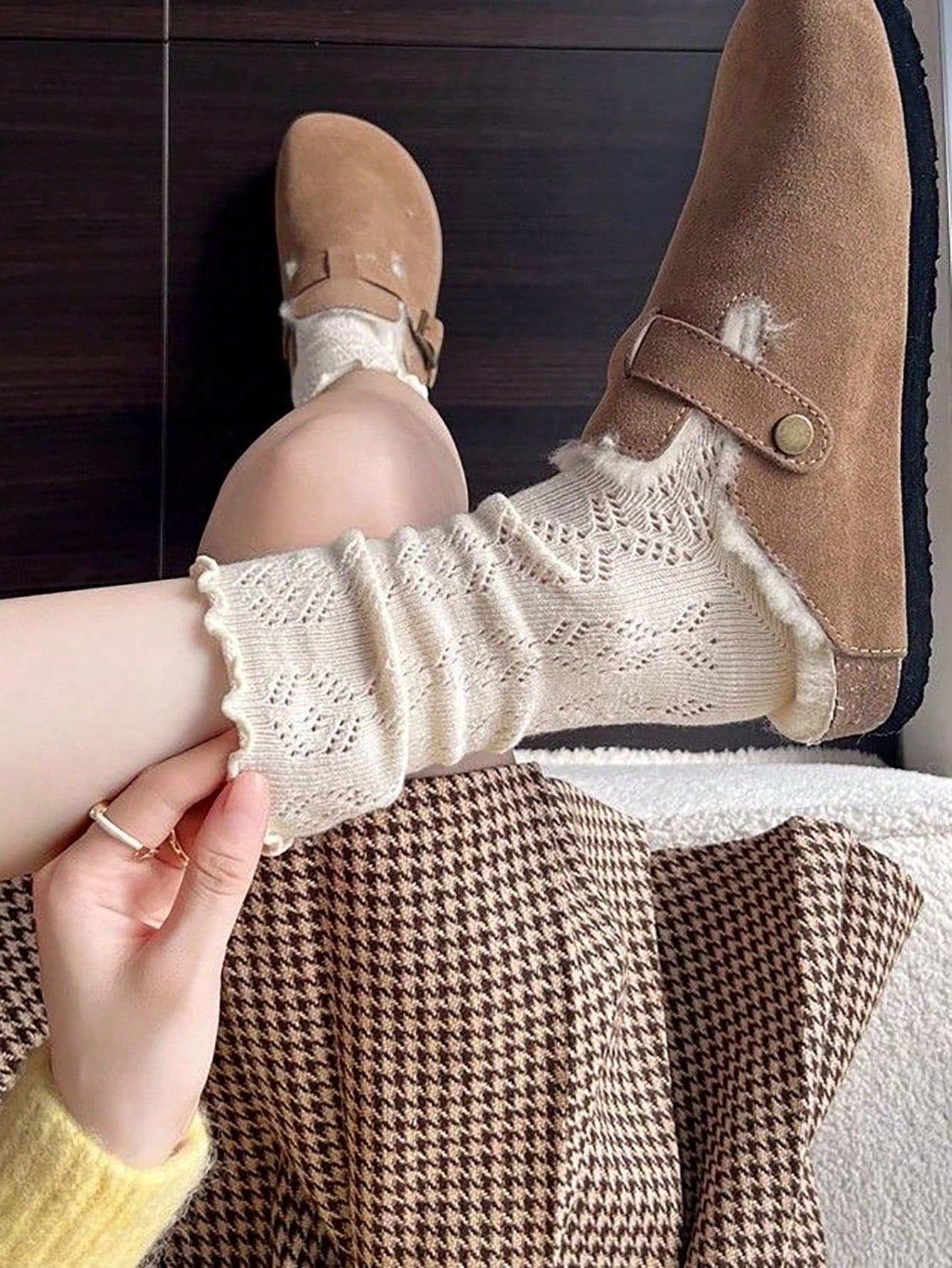 2pairs Women's Mesh Ruffle Lace Cuff Ankle Socks, Fall