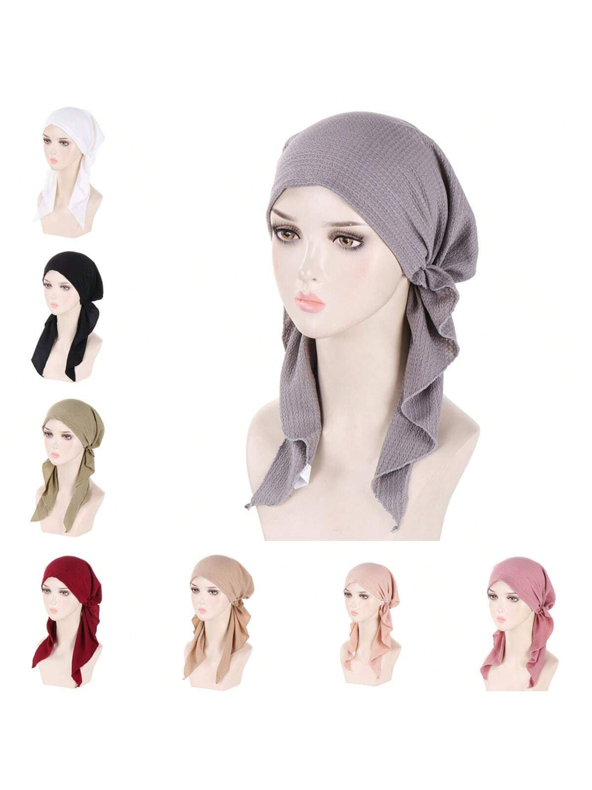 1pc Solid Color Elastic Turban Cap Fashionable All-Match Head Wrap Hat With Arched Wave Pattern Sleep Bonnet