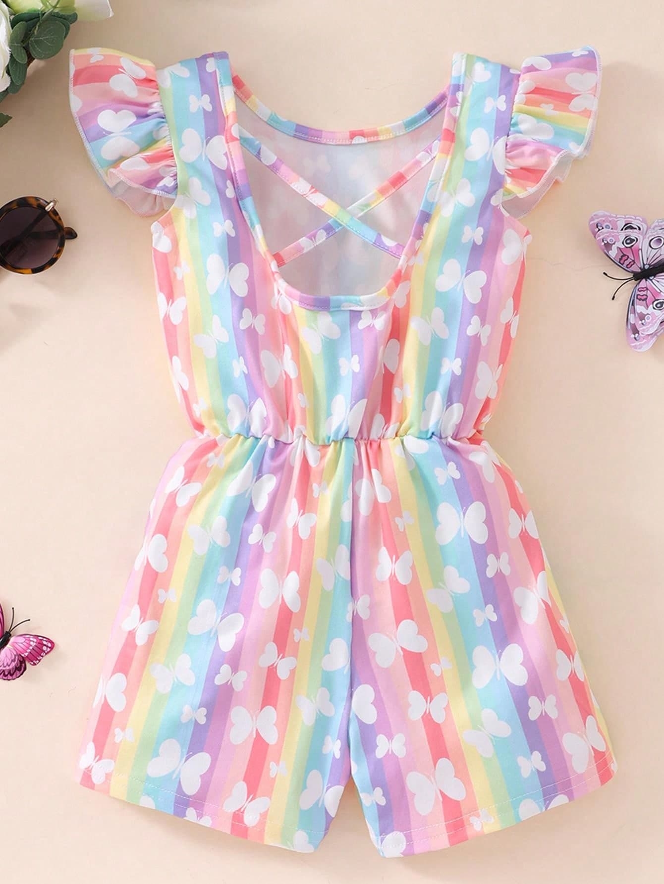 Young Girls' Butterfly Printed Cross Back Romper With Flutter Sleeves And Open Back Design