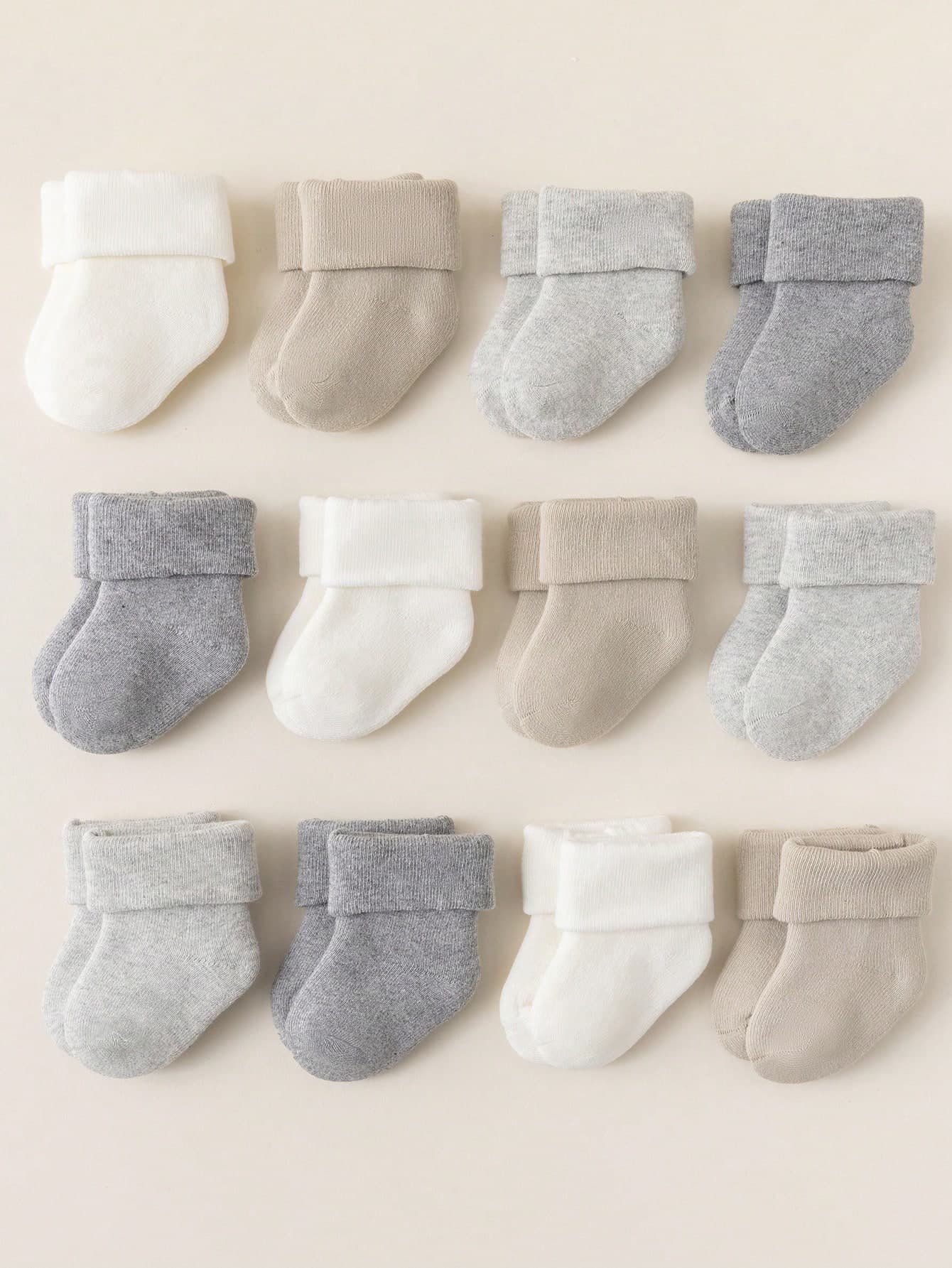 12 Pairs Of Unisex Baby Combed Basic Thick Warm Loop Terry Socks In Beige/White/Grey/Brown Earth Tone Colors