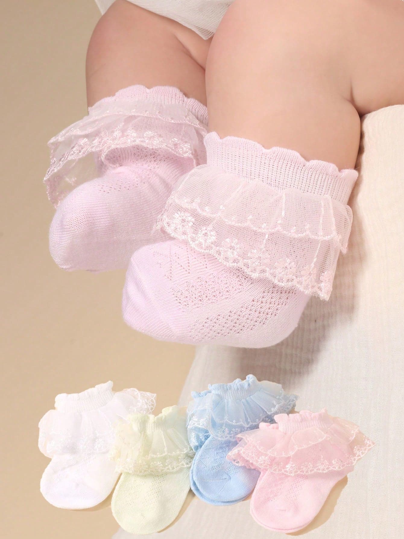 4 Pairs Newborn Baby Girls' Breathable Lace Trim Cute Short Ruffle Socks Toddler Ankle Socks