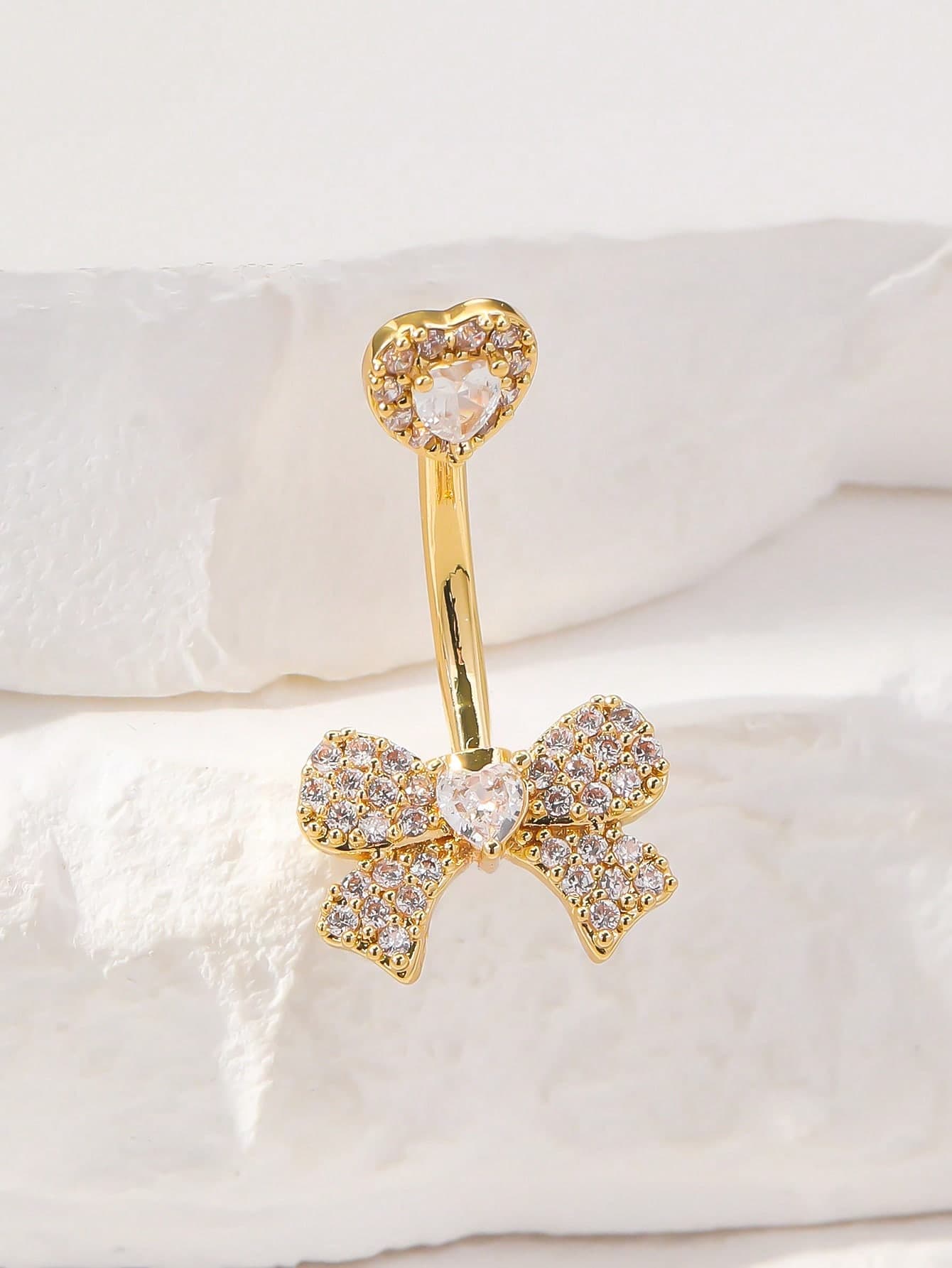 A Luxurious Gold-Plated Copper Belly Button Ring With Bowknot And Cubic Zirconia, Suitable For Women On Valentine's Day, Mother's Day, Christmas, Thanksgiving, Birthday Party, Bar, Dance Party And Daily Wear. Valentines,Mom,Mother,Mother's Day,Gift