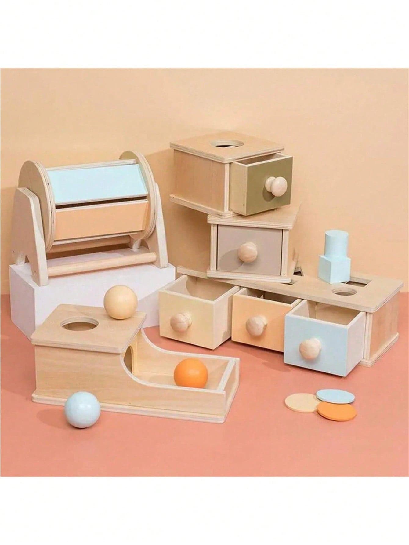 Montessori Wooden Drawer Target Box Wooden Macaron Tricolor Shape Multi-Functional Round Ball Drop Coin Educational Toy For Kids