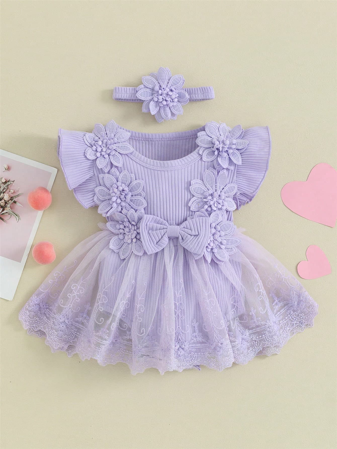 Newborn Baby Girl Cute Short Sleeve Mesh 3D Flower Ruffle Tutu Bodysuit Dress With Headband Sets