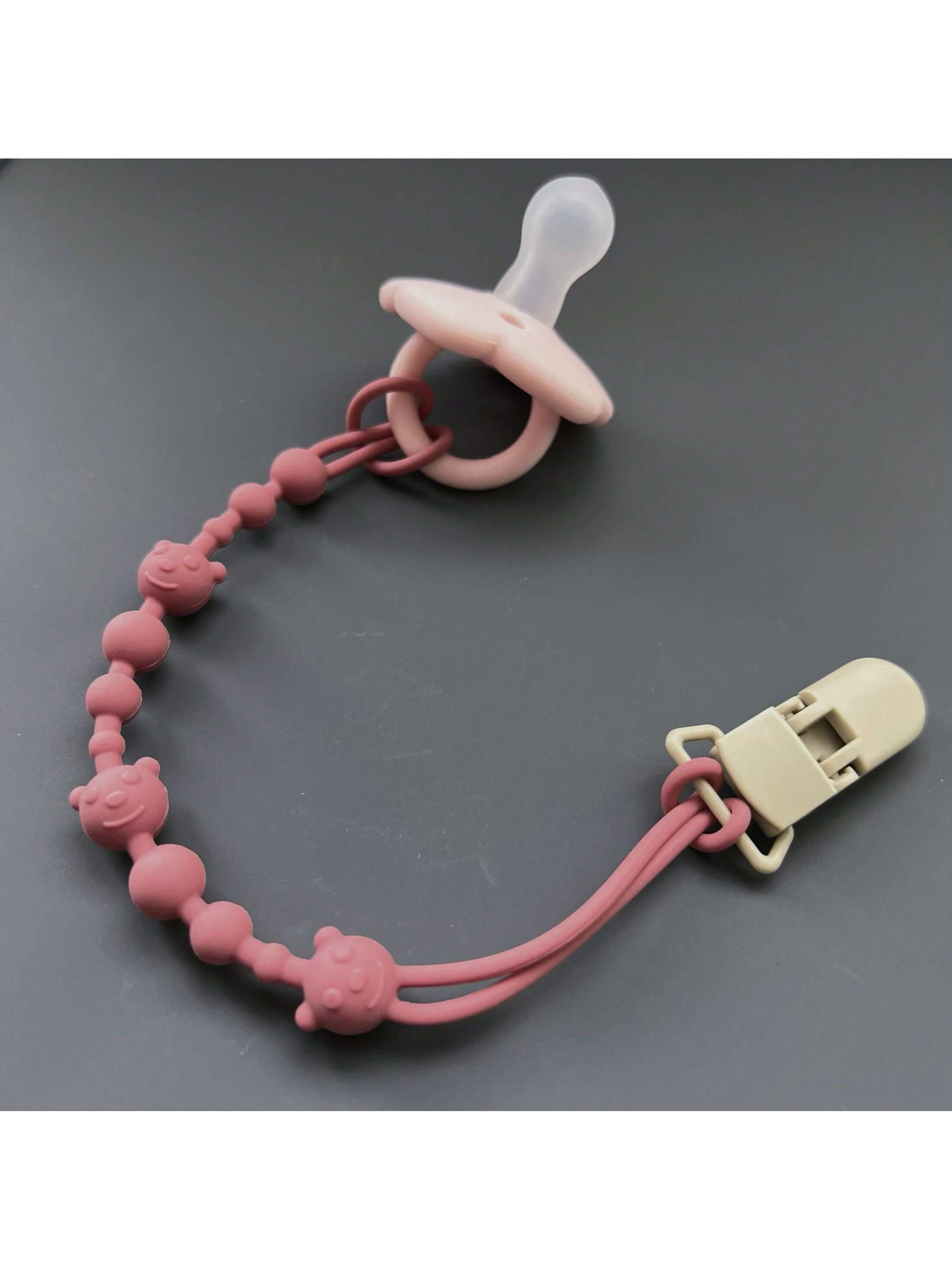 1pc Teddy Bear-Shaped Silicone Pacifier Teether With Anti-Drop Rope & Plastic Clip (No Pacifier Included)