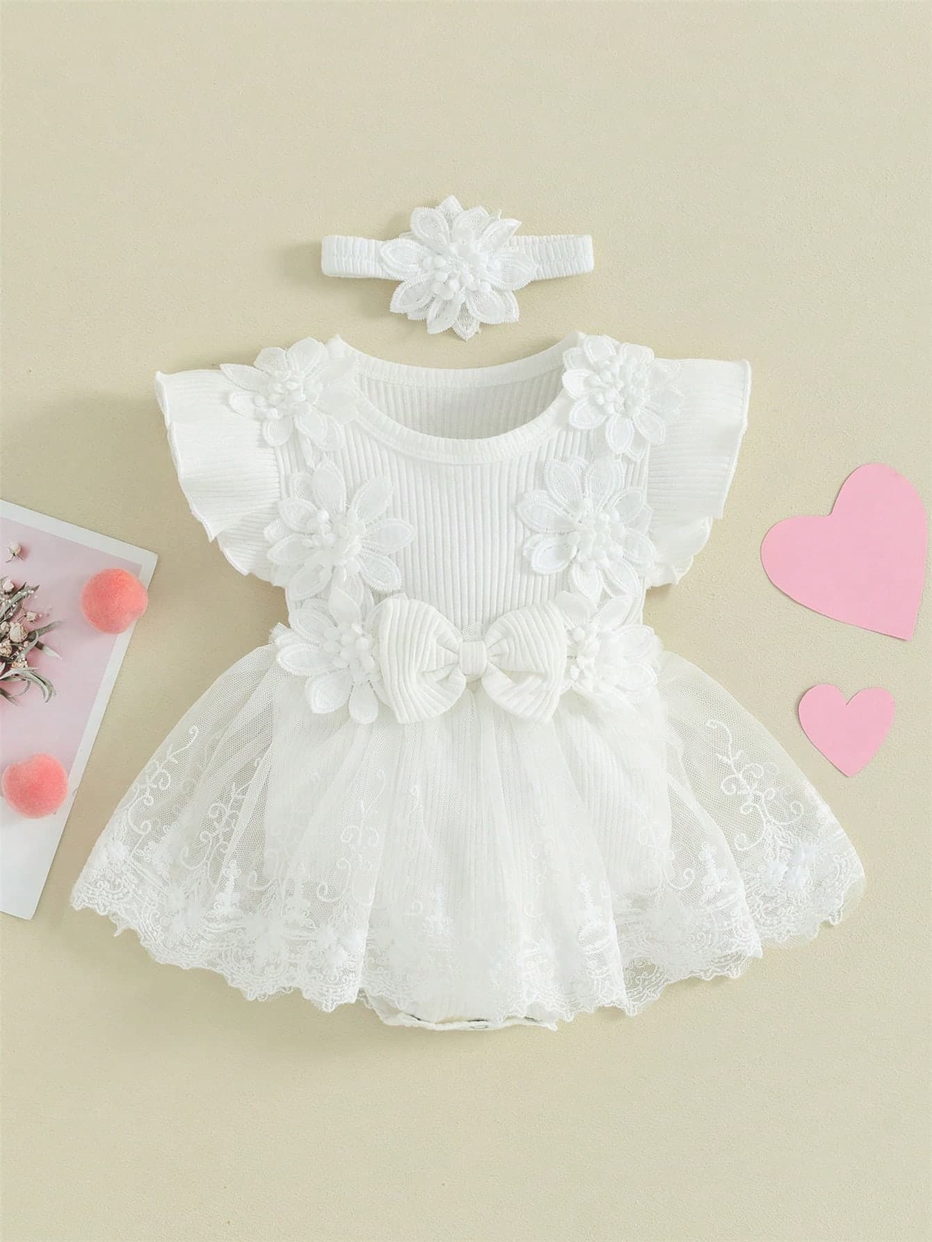 Newborn Baby Girl Cute Short Sleeve Mesh 3D Flower Ruffle Tutu Bodysuit Dress With Headband Sets