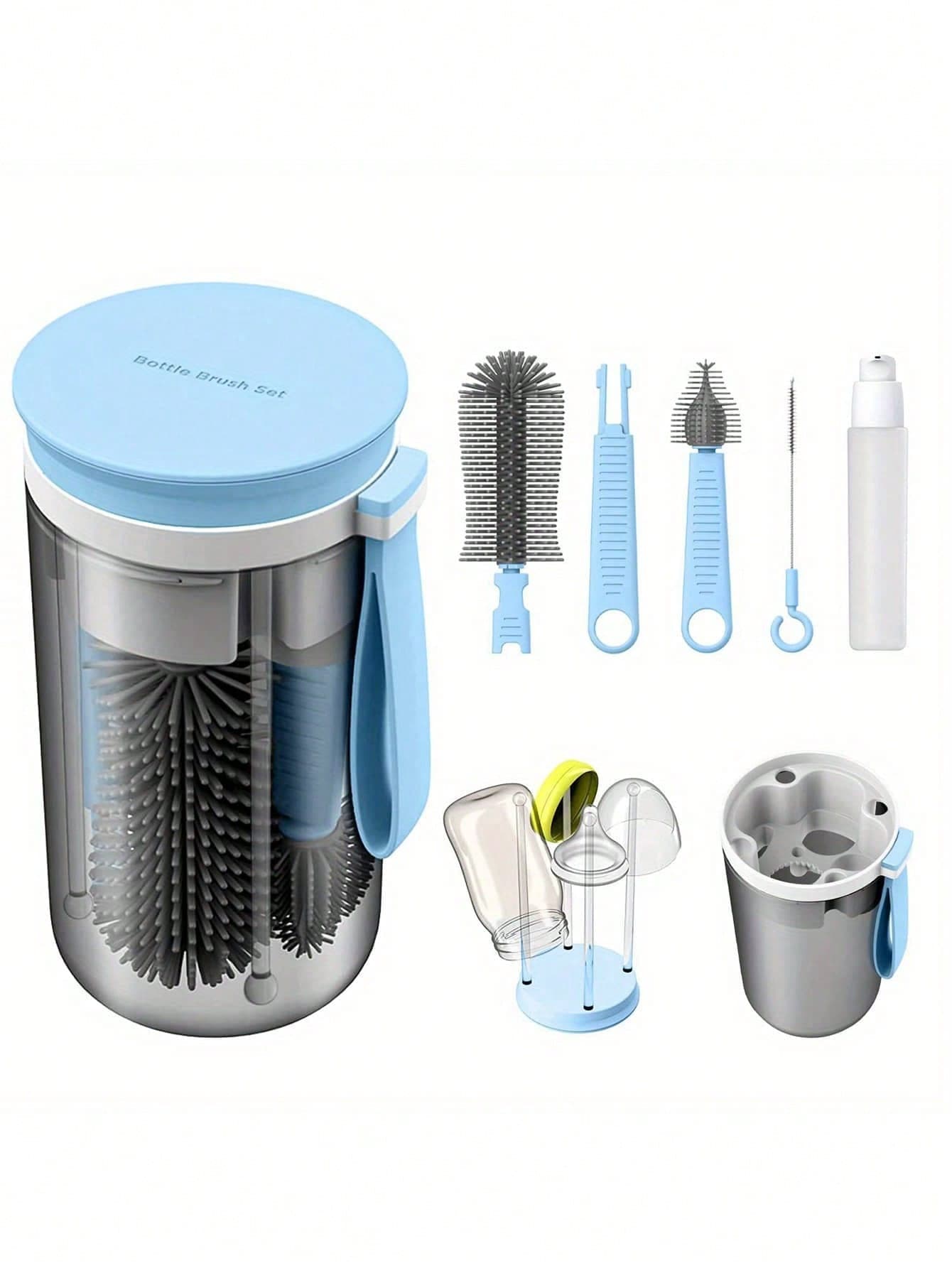1 Set Portable Silicone Baby Bottle Brush Kit With Nipple Brush, Drain Rack, For Outdoor Travel Use