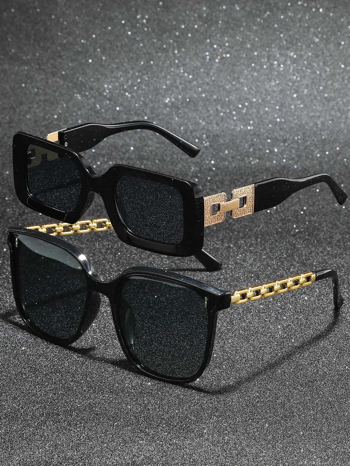2 Pcs Square Frame Chain Decor Eyeglasses, Black Luxury Fashion Glasses For Beach Daily Vacation Outdoor Travel