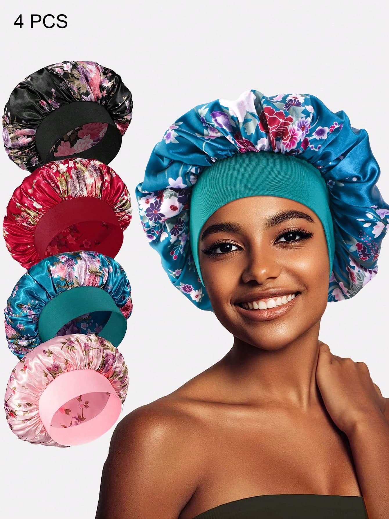4pcs Women Multicolor Printed Wide-Brimmed Sleep Cap & Hair Turban, Ideal For Daily Use Sleep Bonnet,Summer,Beach,Hat,Holiday,Travel