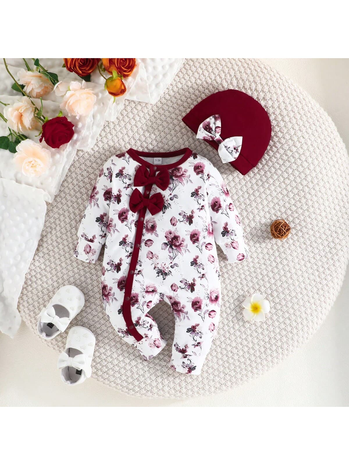 Baby Girl Long Sleeve Cute Printed Button Jumpsuit With Hat, For Christmas