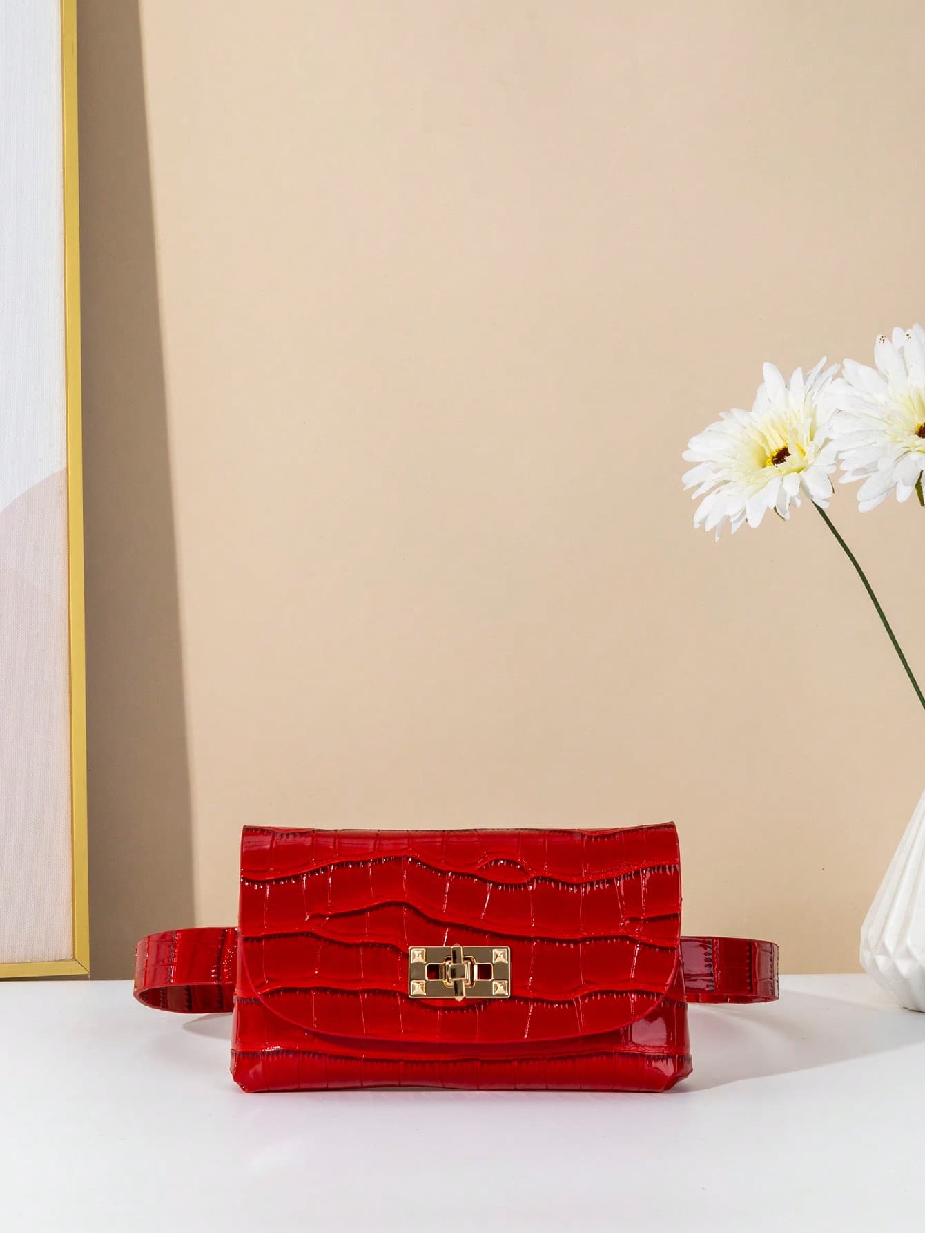 Mini Rhombic Embossed Waist Bag With Buckle Belt