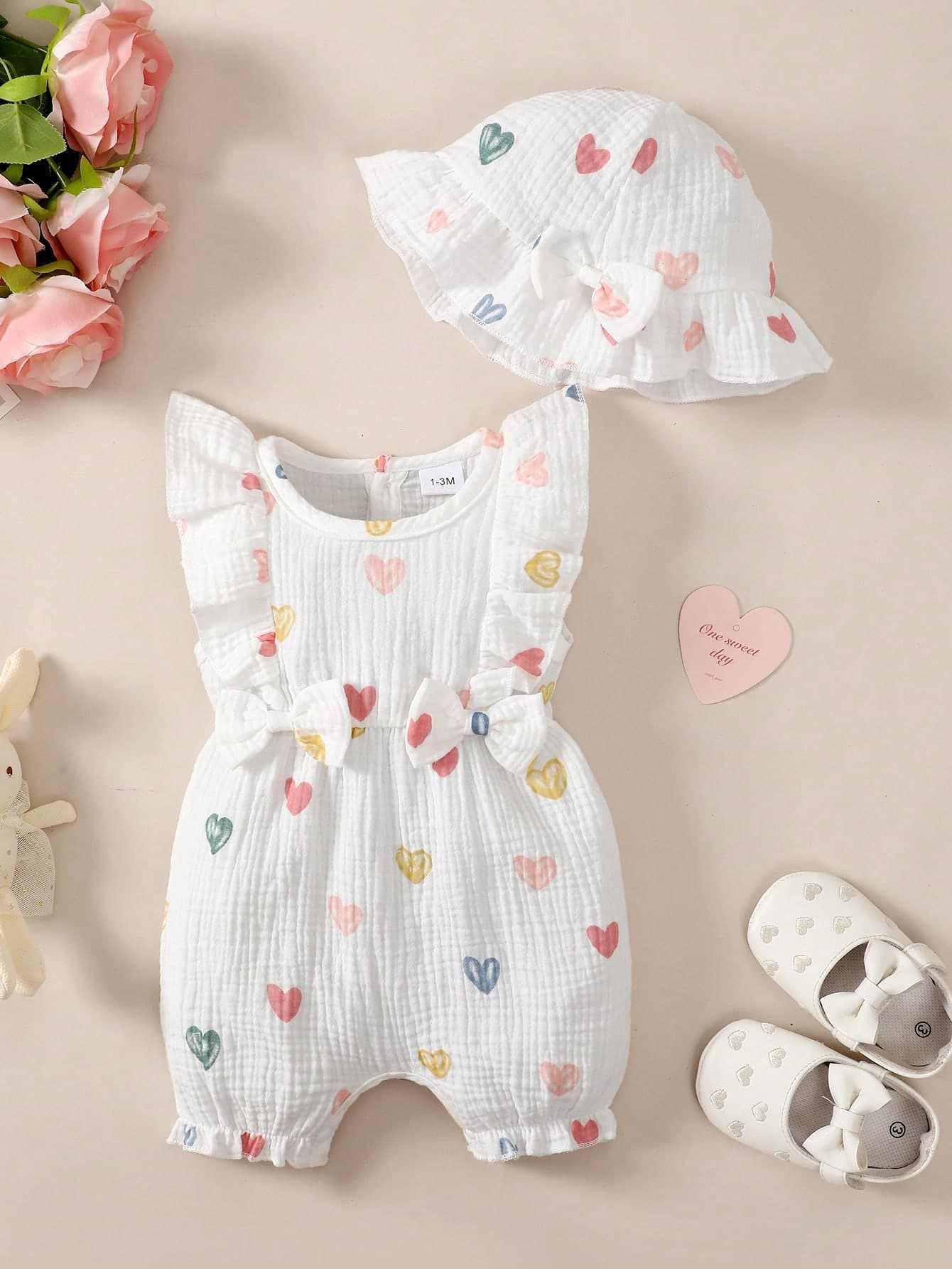 BrownBark Infant Baby Girls' Summer Heart Reversible Bow Sleeveless Romper + Hat 2Pcs Set, Comfortable Versatile, Spring/Summer