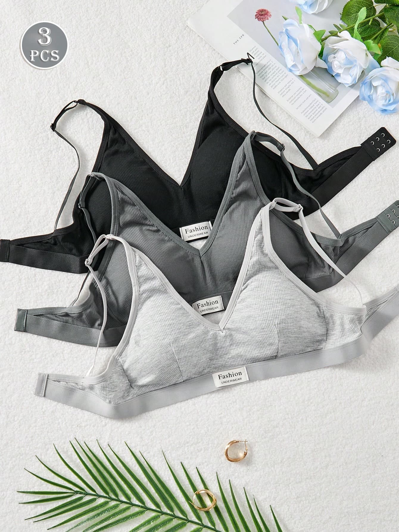 3pcs/Set Women's Comfortable Wireless Soft Cup Solid Color Bra Underwear, Sleepwear