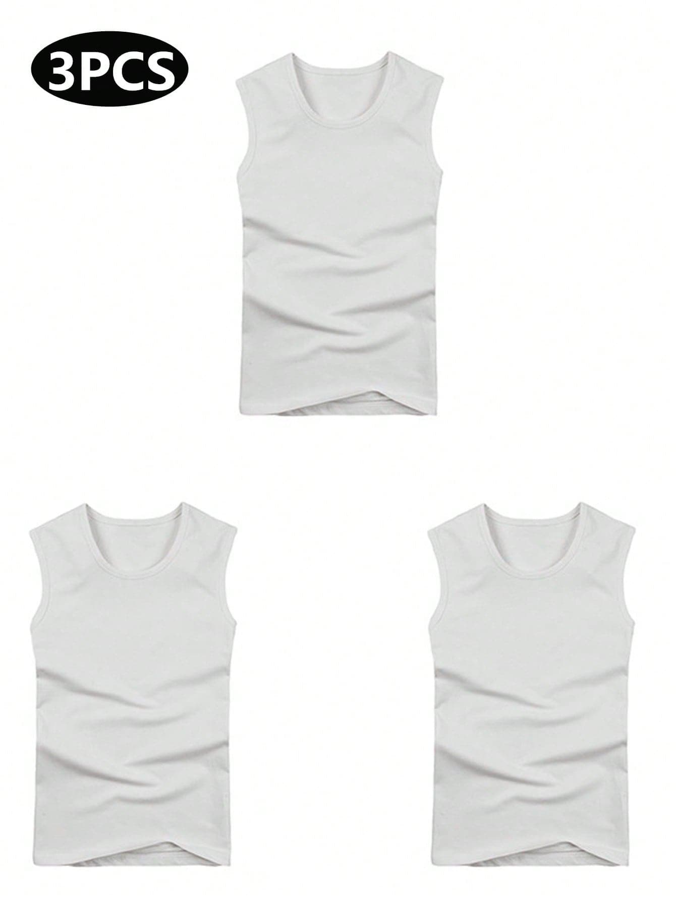 3pcs White Slim Fit Sleeveless Undershirt, Lightweight Compression Sportswear For Men, Summer