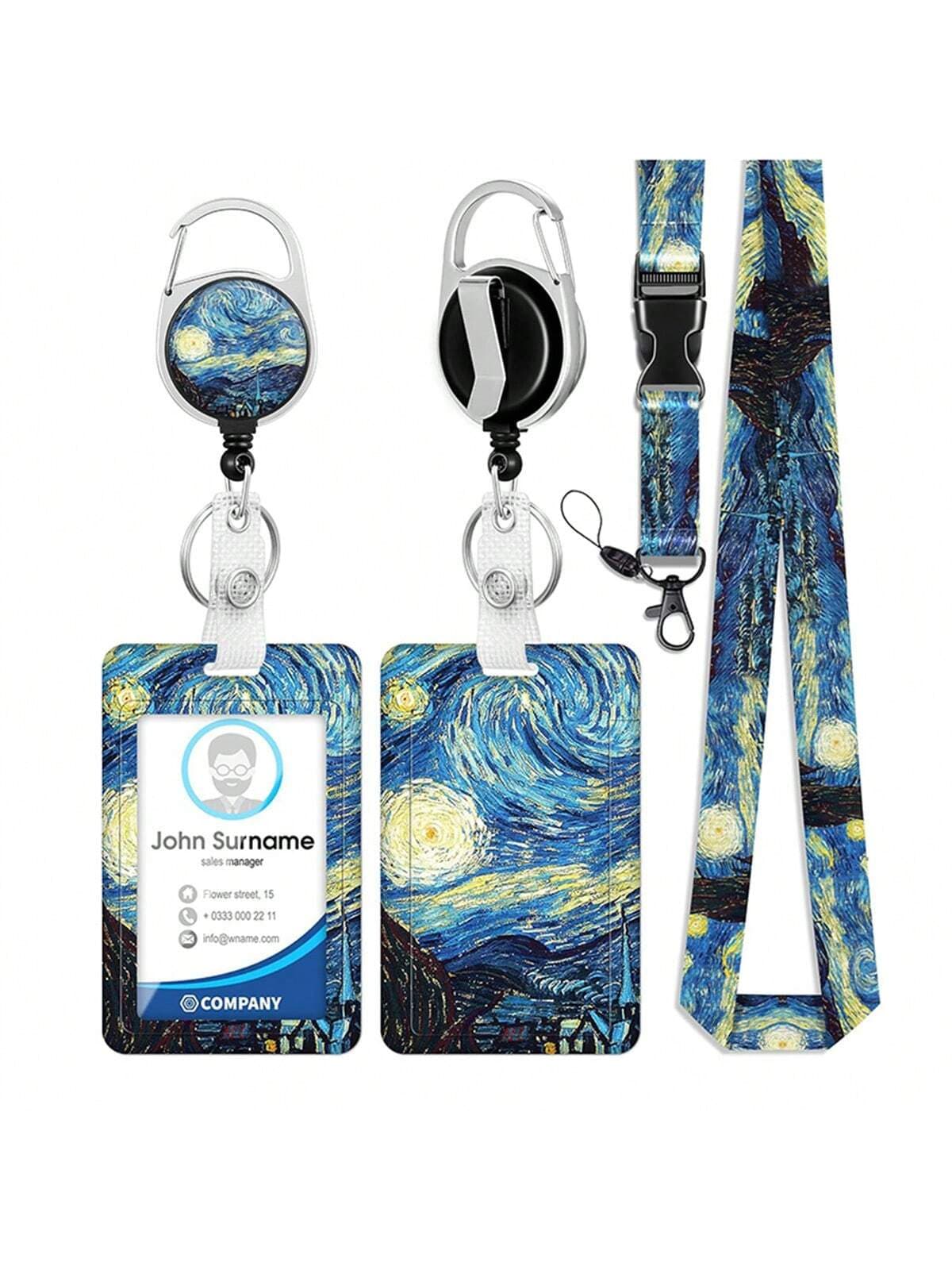 1 Set Retractable Badge Reel With Detachable Lanyard, For Nurses Teachers Office, Pink Marble ID Holder Keychain Vertical Card Protector, Name Tag Clip With Heavy Duty Badge Reel (Night Sky),School Supplies,Back To School