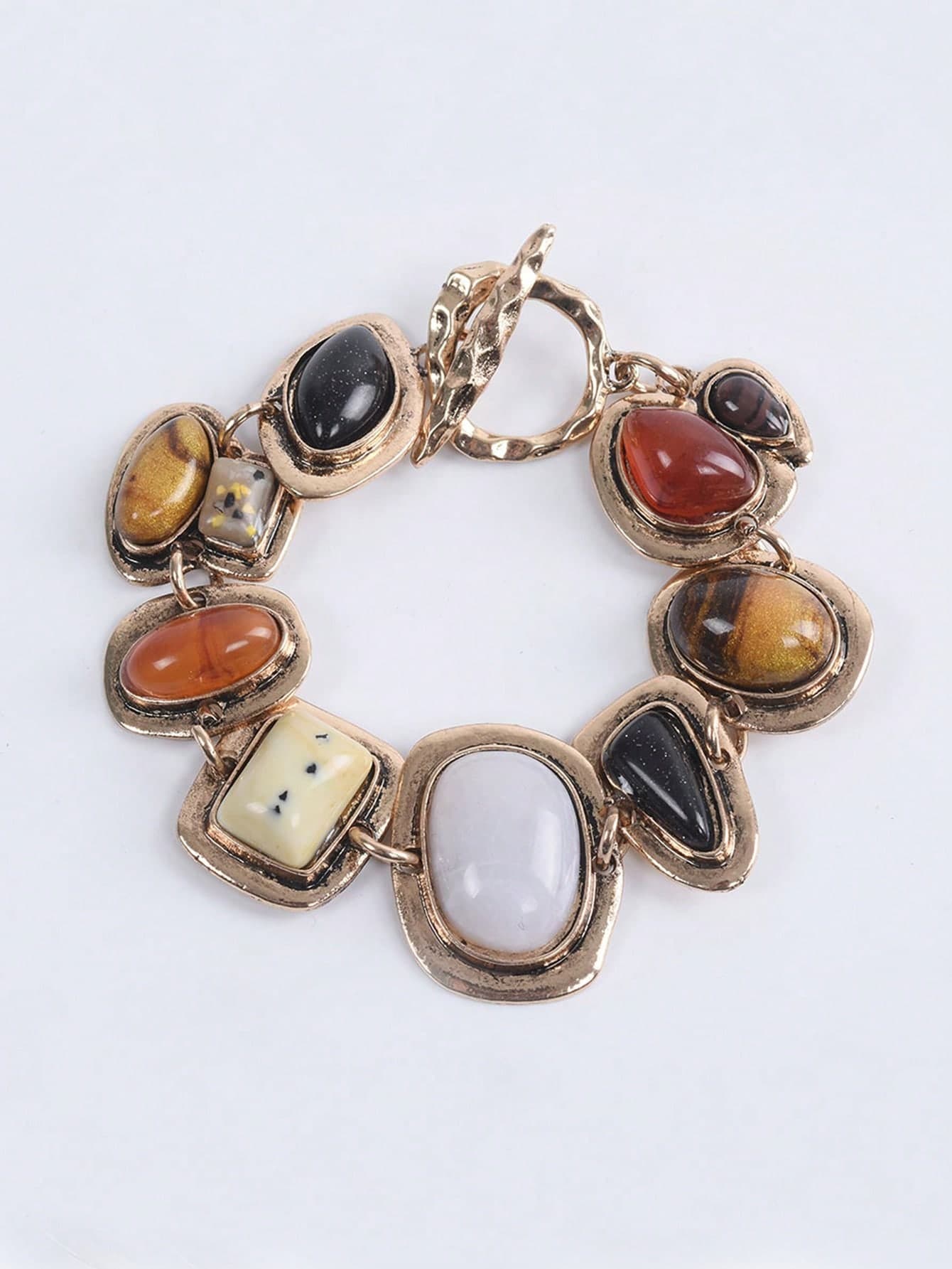 1pc New ZA Bohemian Vintage Bracelet, Women's Fashion Gold Metal Hollow Chain Pendant Resin Personalized Bracelet (Resin Color Random)