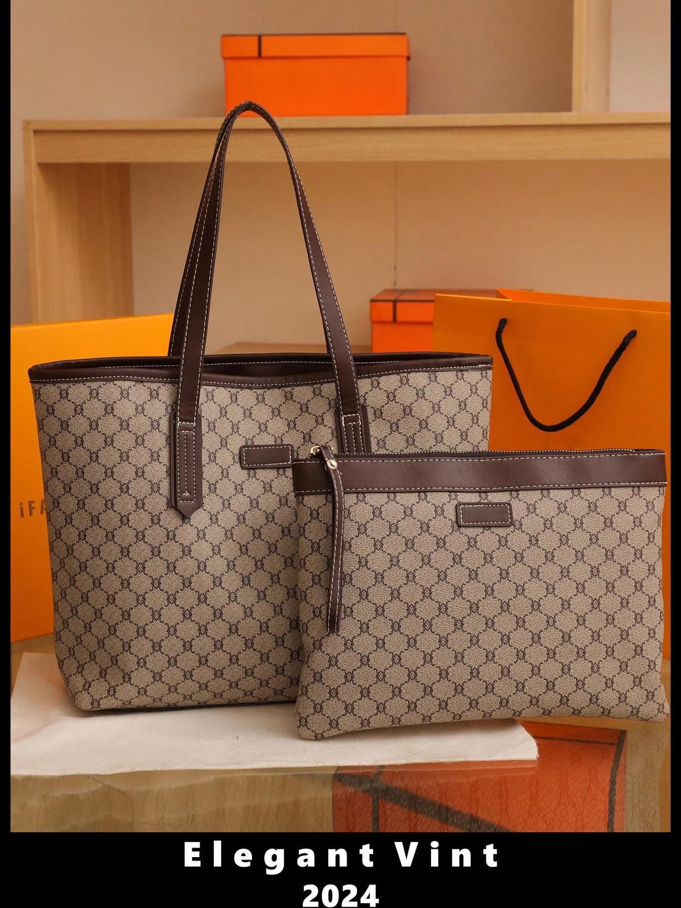 SHIMEINI 2pcs/Set 2026 Classic Fashion Vintage Pattern Large Capacity Shoulder Tote Bag, Suitable For Women's Daily Use, Work, Back To School, Vacation Travel, Holiday Dating Gift