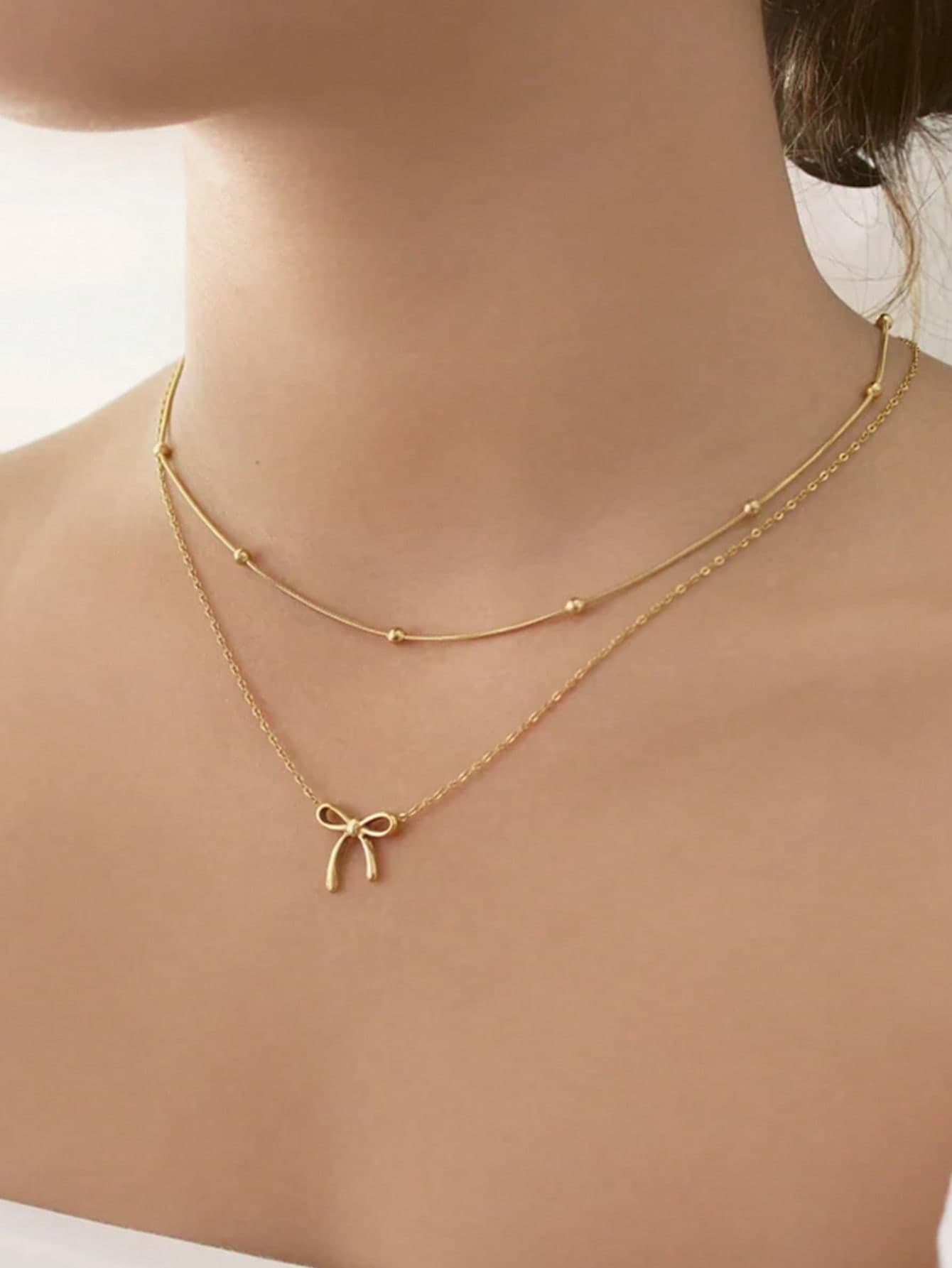 1pc Delicate Mini Bow Ribbon Pendant Necklace, Women & Girls Minimalist Bow Beaded Snake Chain Adjustable Stainless Steel Necklace, Fashion Jewelry Accessory (Sold Separately), Valentine's Day Gift