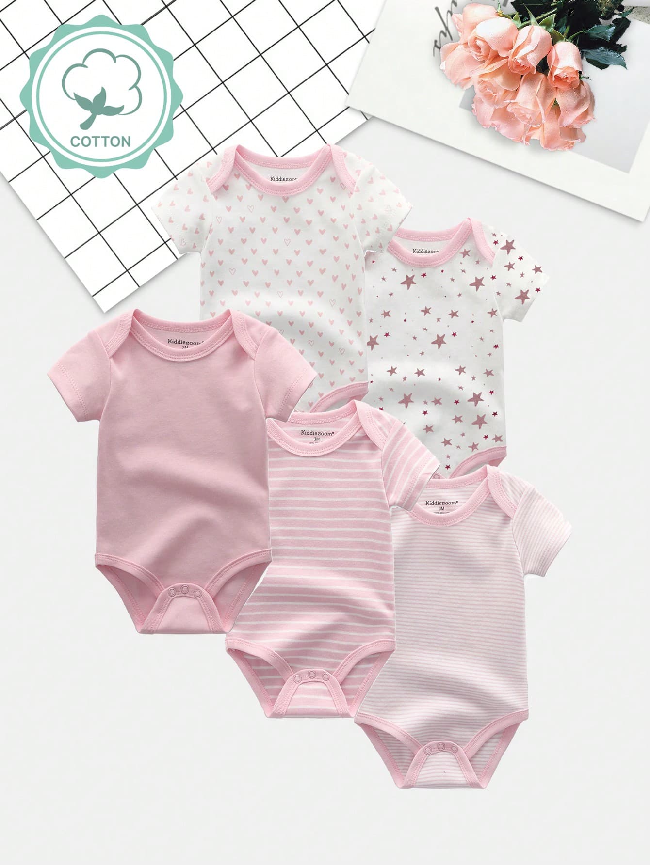 5 Pieces Baby Boys Casual Short Sleeves Cute Cartoon Baby Bodysuits Four Seasons