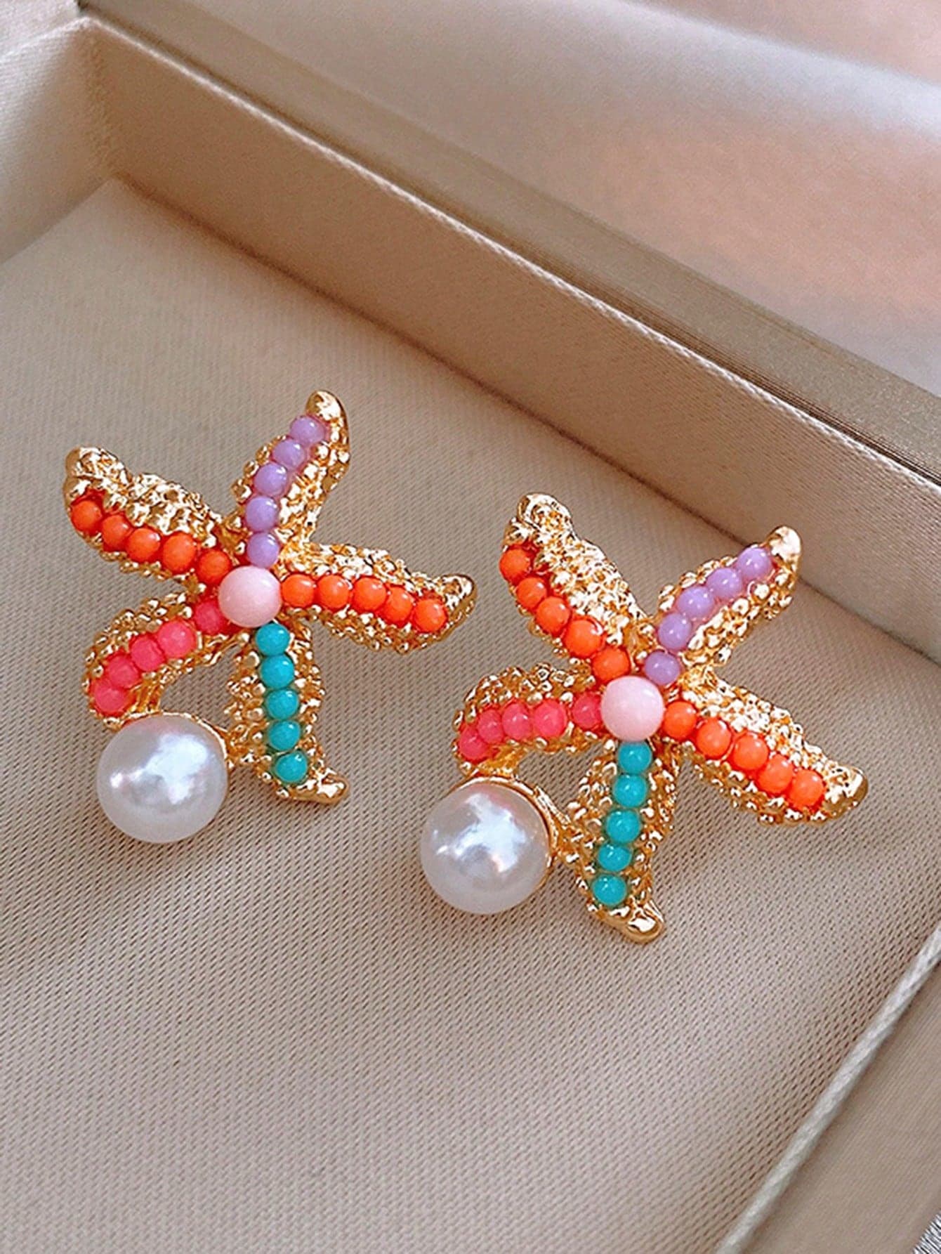 1pair Sweet Bohemian Style Colorful Starfish & Faux Pearl Earrings, Suitable For Women's Daily Travel, Beach Parties, Vacation, Etc.