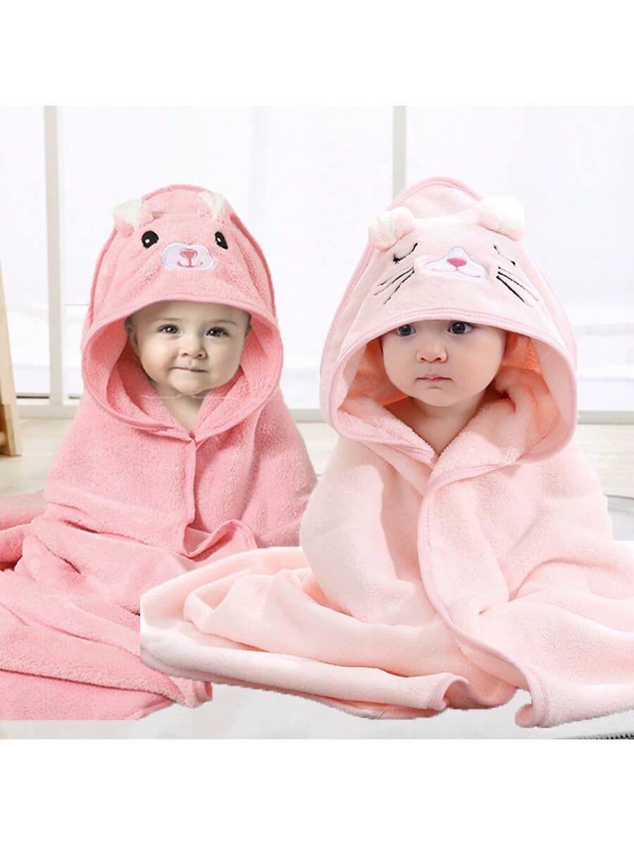 2pcs Baby Bath Towel Set, Unisex Animal Face Hooded Bathrobe Soft Coral Fleece Cartoon Design Newborn Bathing Towel, Four Seasons Universal Kids Bathroom Accessories, Soft And Cozy Wrap