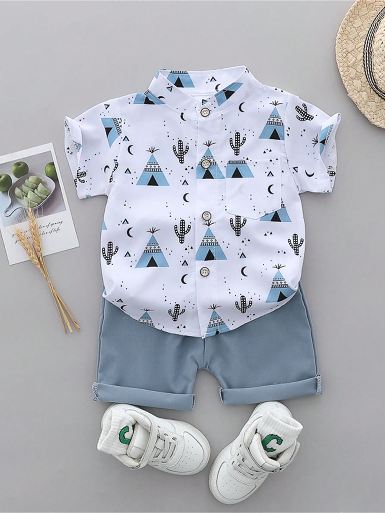 Baby Boy Summer Cartoon Printed Randomly Full-Collar Short Sleeve Shirt And Shorts Set