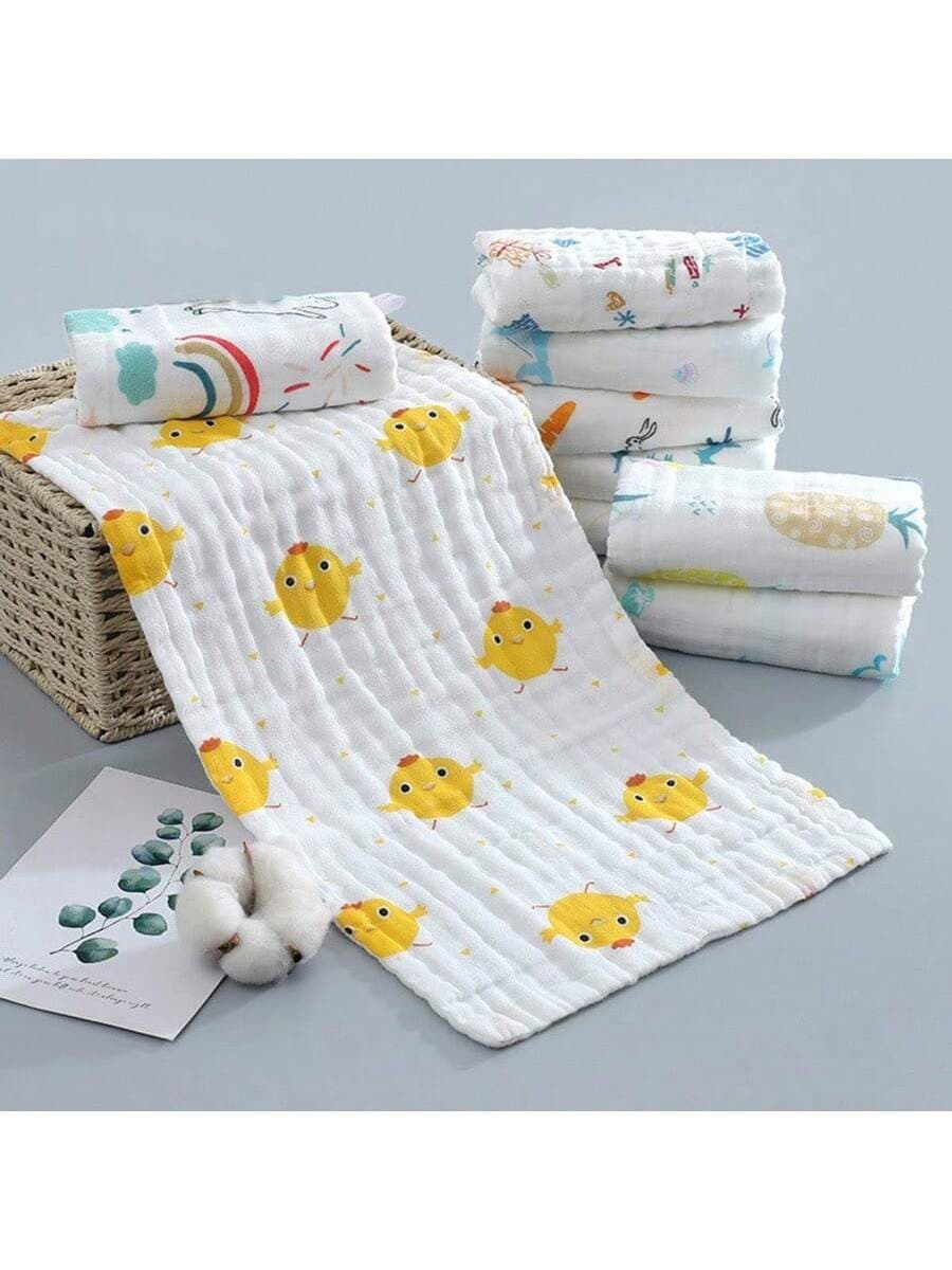 5pcs/Pack Random Color 6-Layer Cartoon Baby Handkerchiefs, Newborn Bibs, Face Towels, Burp Cloths
