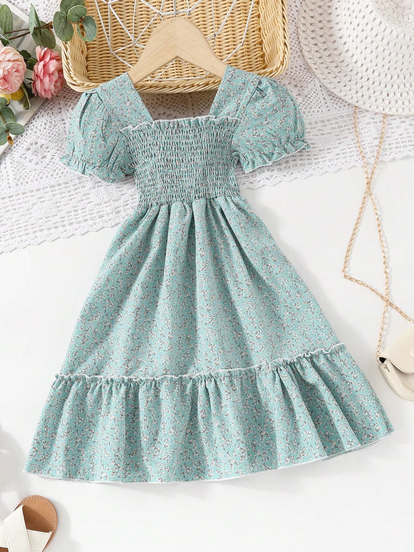 Young Girl European And American Style Casual Floral Dress, Suitable For Vacation And Party