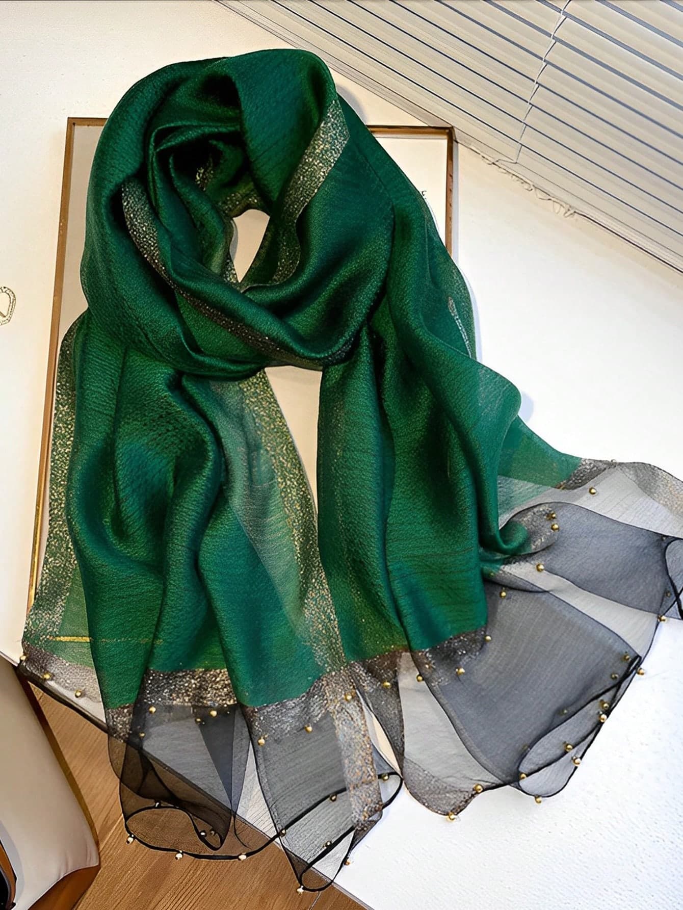 Women Solid Color Green Beaded Scarf, Elegant Commuter Shawl, Summer Sun Protection Scarf, Winter Warm Decoration Long Packaging Gift