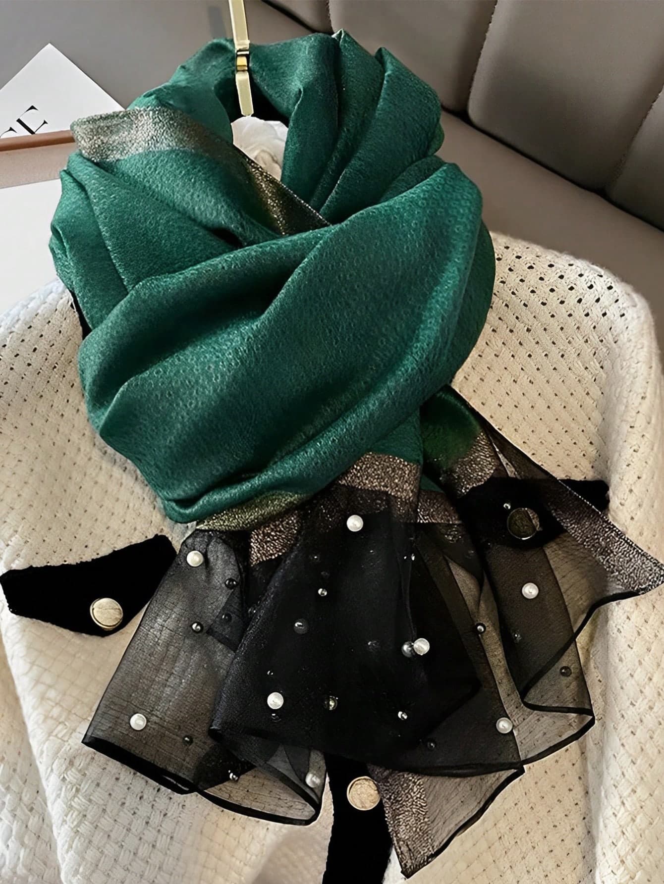 Pure Green Handmade Faux Pearl Beaded Wool Blend Scarf Elegant Shiny Color Block Cover Four Seasons Warm Decorative Long Shawl