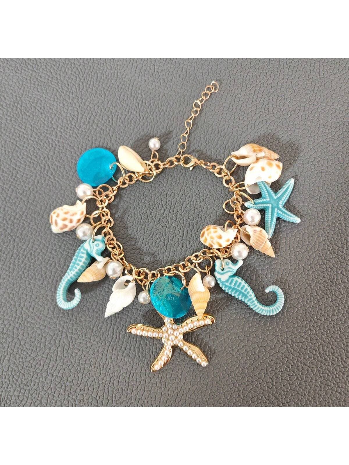 1pc Bohemian Style Alloy & Pearl Decor Starfish Bracelet For Women, Summer Beach