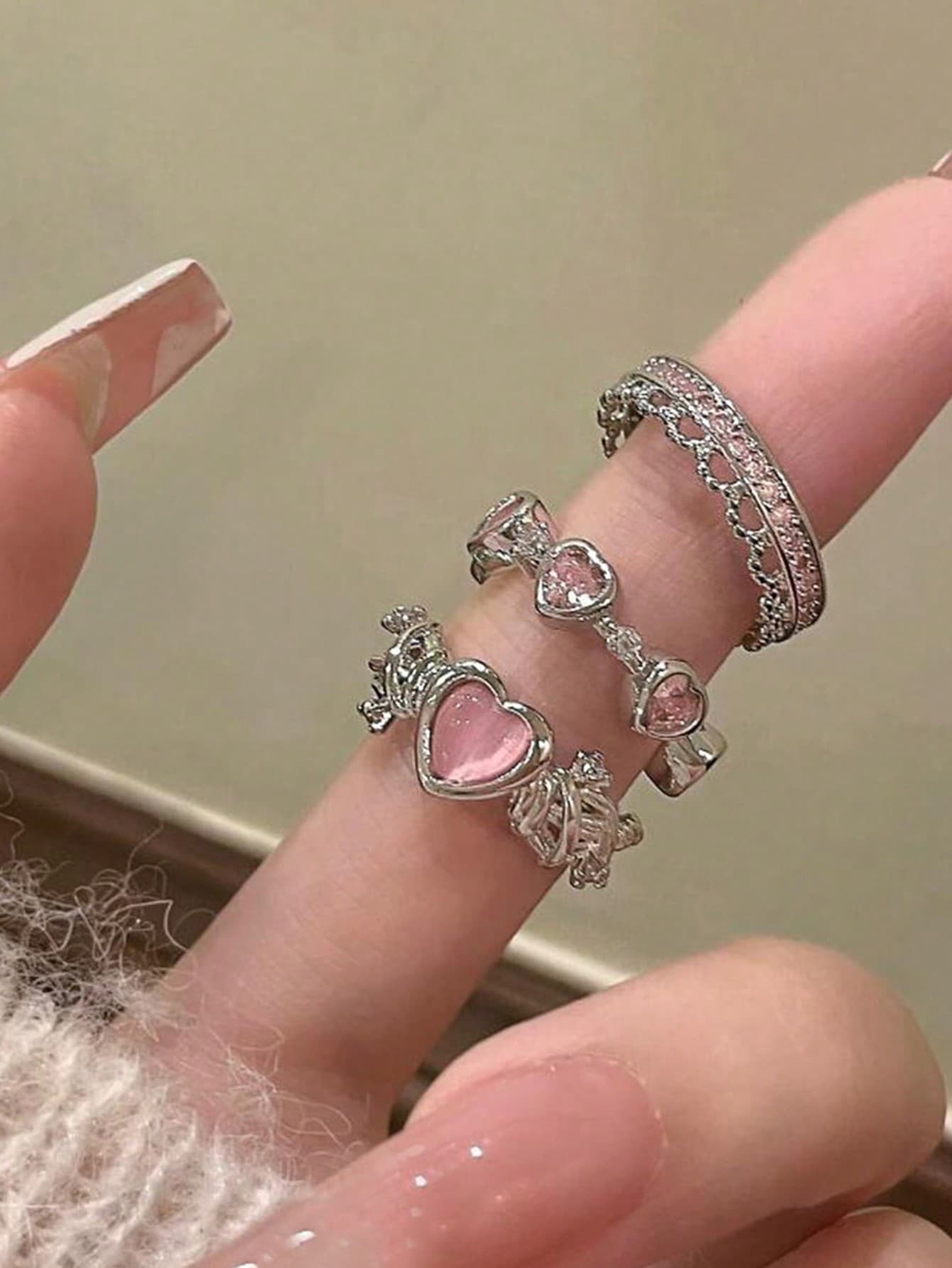 3pcs Fashionable Open Ring With Heart Shaped Rhinestone Decoration, Suitable For Women's Daily Wear Valentines
