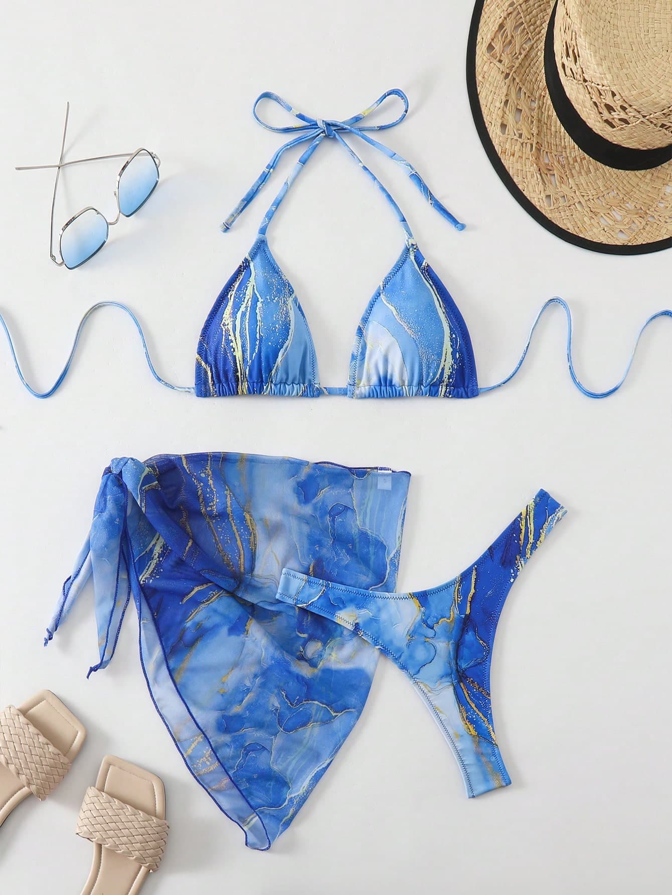 LUCKY HOLIDAY Women's Marble Printed Halter Tie Sexy Bikini Set With Coverup & Skirt Summer Vacation Beach