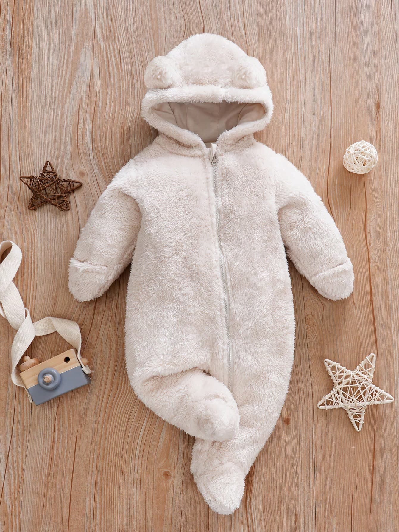 H HIBOBI Winter Unisex Long Sleeve Cute 3D Teddy Bear Ears Plush Warm Baby Jumpsuit With Hand & Foot Covers (Hat Lining Unpositioned)