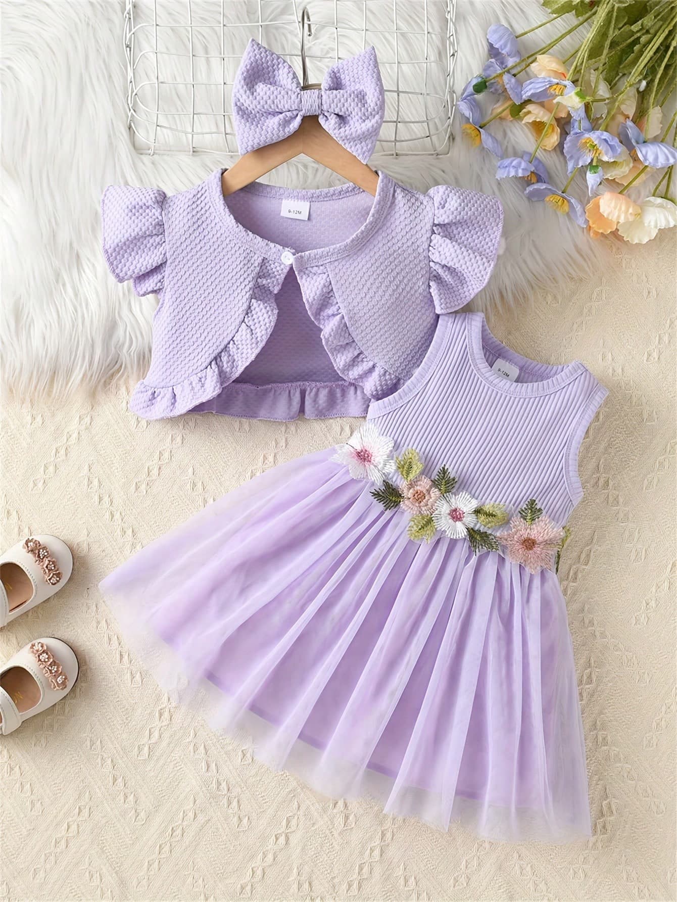 Baby Girls' Sleeveless Flower Printed Dress With Vest Coat Set
