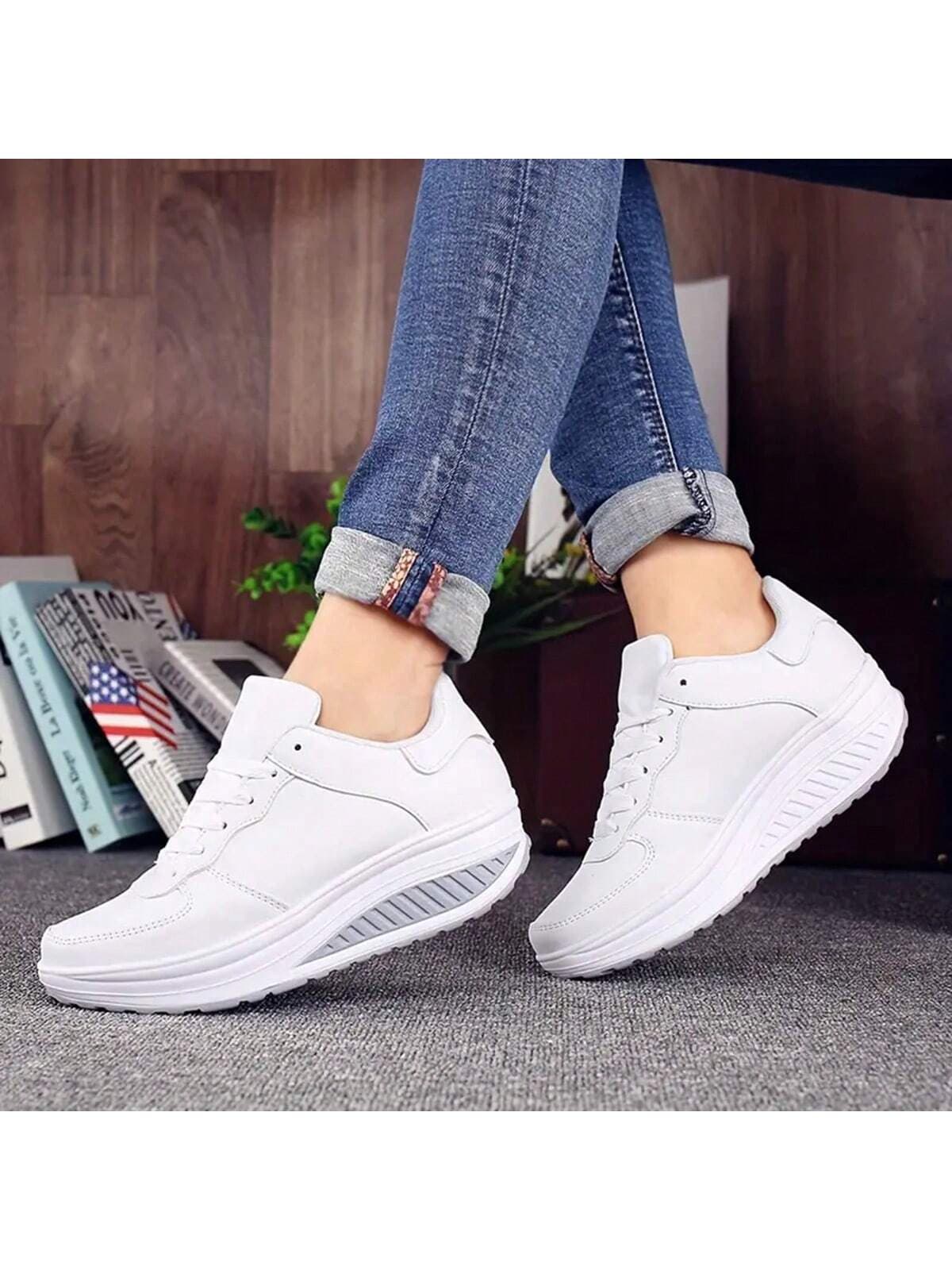 Women's Thick Sole PU Wedge Heel Outdoor Sports Casual Shoes, Lightweight Height-Increasing Athletic Running Shoes
