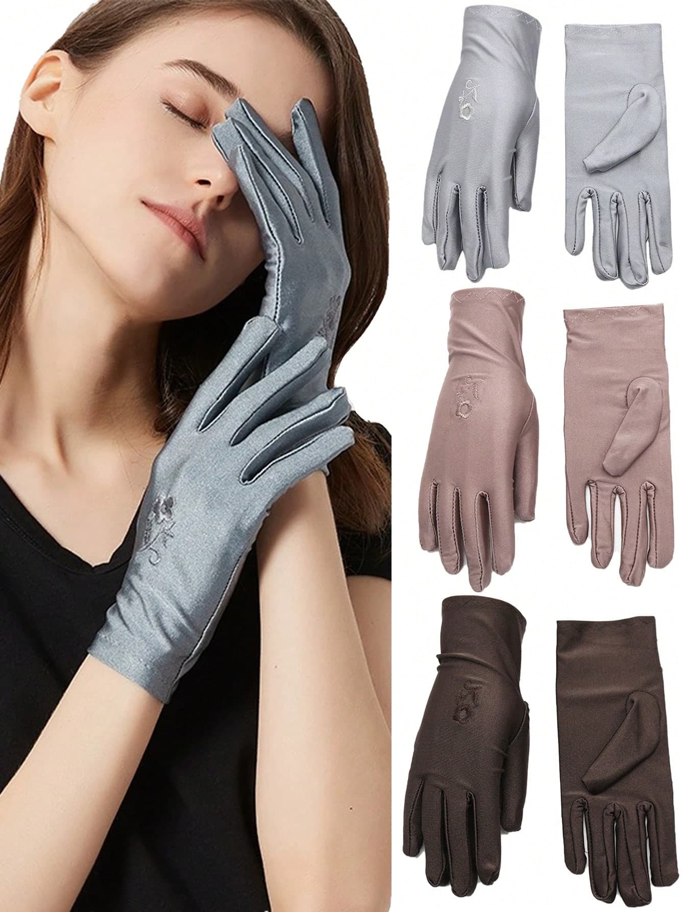 1 Pair Women's Elastic Sun Protection Ice Silk Thin Gloves, Suitable For Driving, Cycling, Embroidered Floral Wedding Bridal Dress Gloves