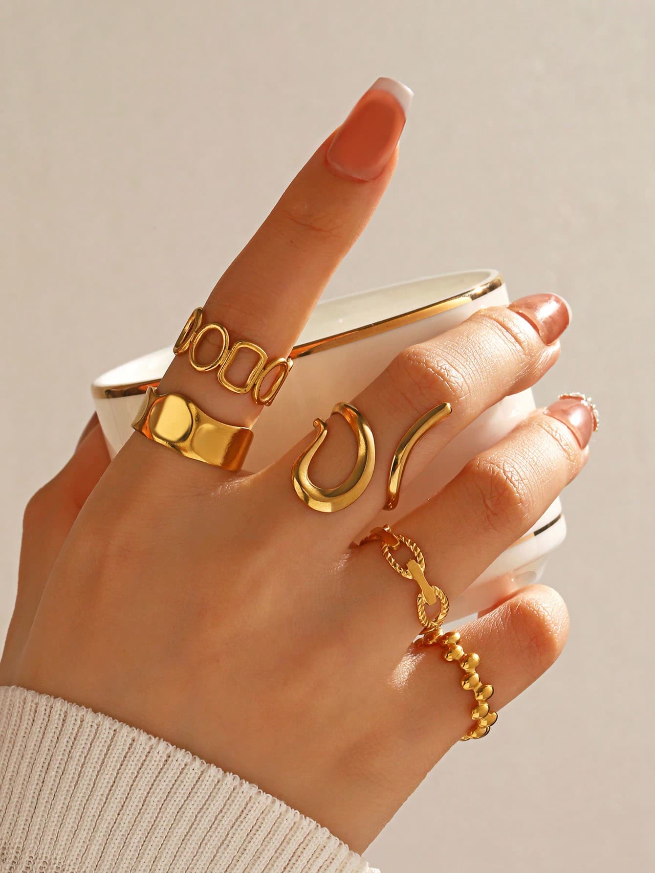 5pcs Stainless Steel 18K Gold Plated Fashionable Geometric Shaped Open Ring For Women's Daily Wear