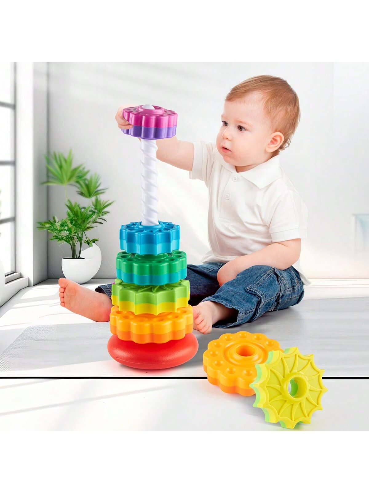Rainbow Tower Stacking Toy,Ring Spinning Toy,Tumbler Spinner Toy For Infant Girl Boy,Early Education And Enlightenment Toy,Baby Sensory Toy,12 Colors