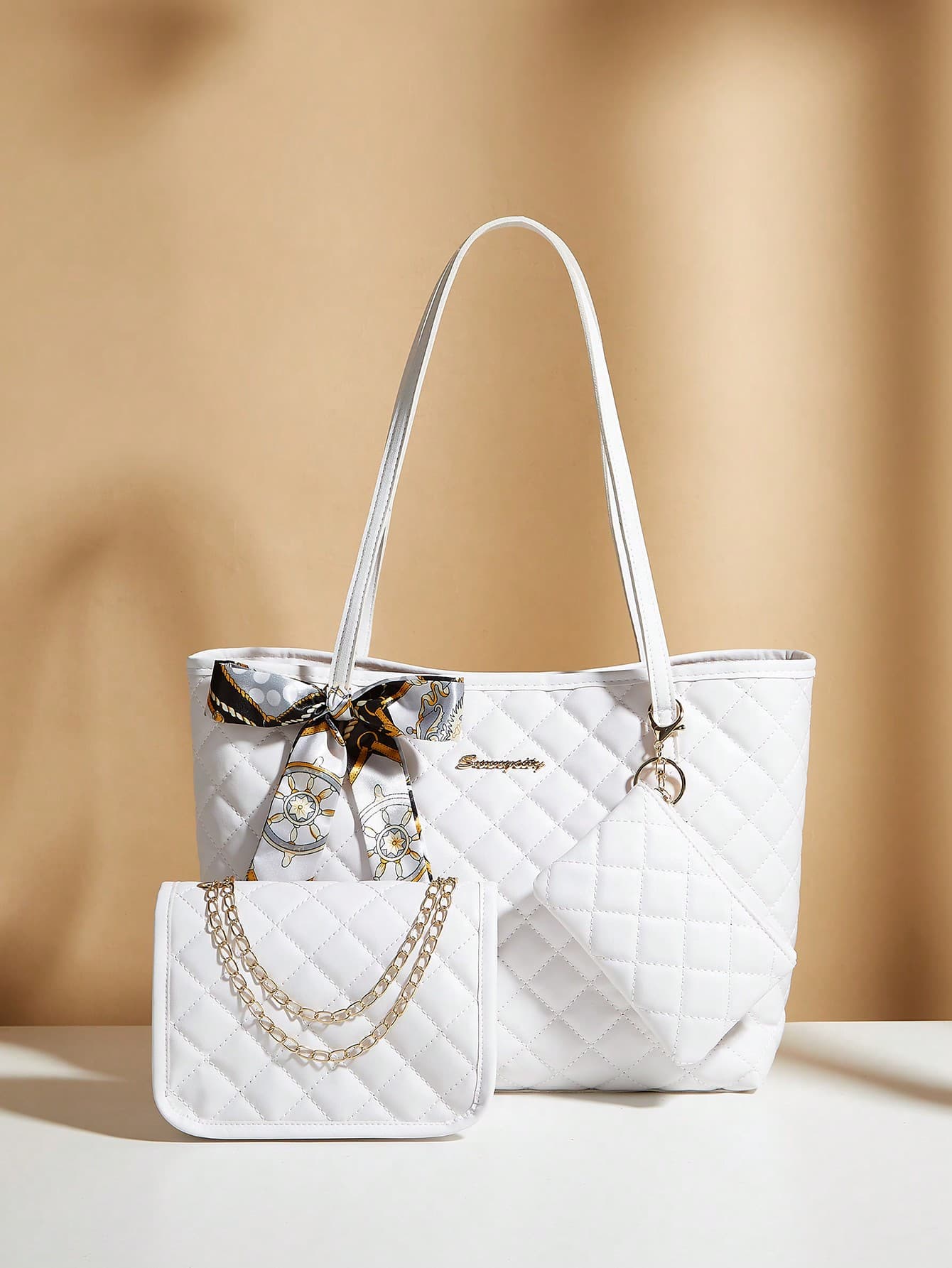 3pcs/Set Women Quilted Shoulder Bag, Scarf, Clutch Bag & Tote Bag